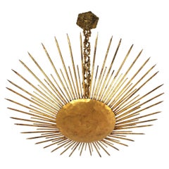 Large French Modern Neoclassical Sunburst Pendant Flush Mount, Gilt Iron, 1940s