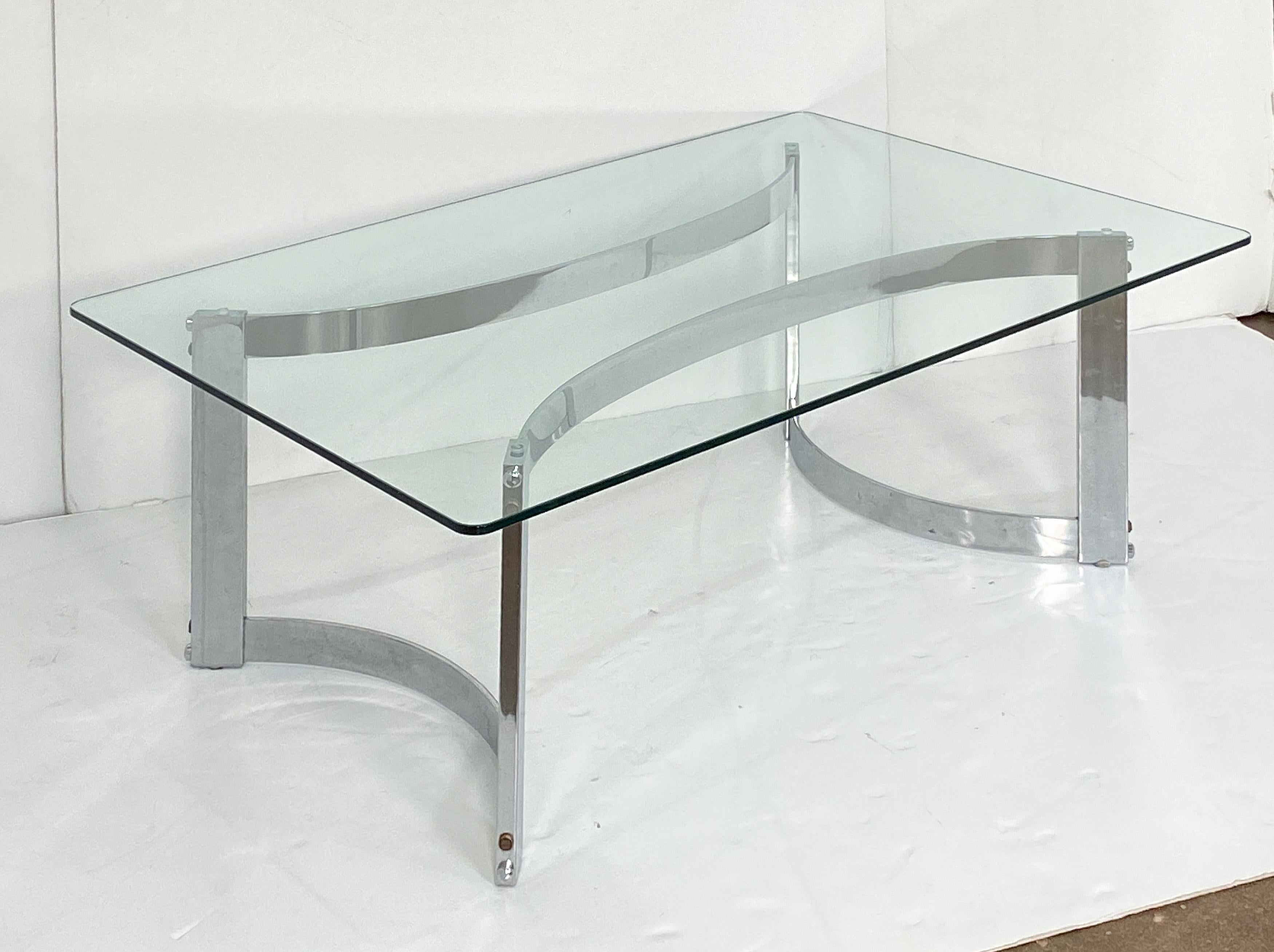 Moderne Grande table basse ou basse rectangulaire moderne française en chrome et verre en vente