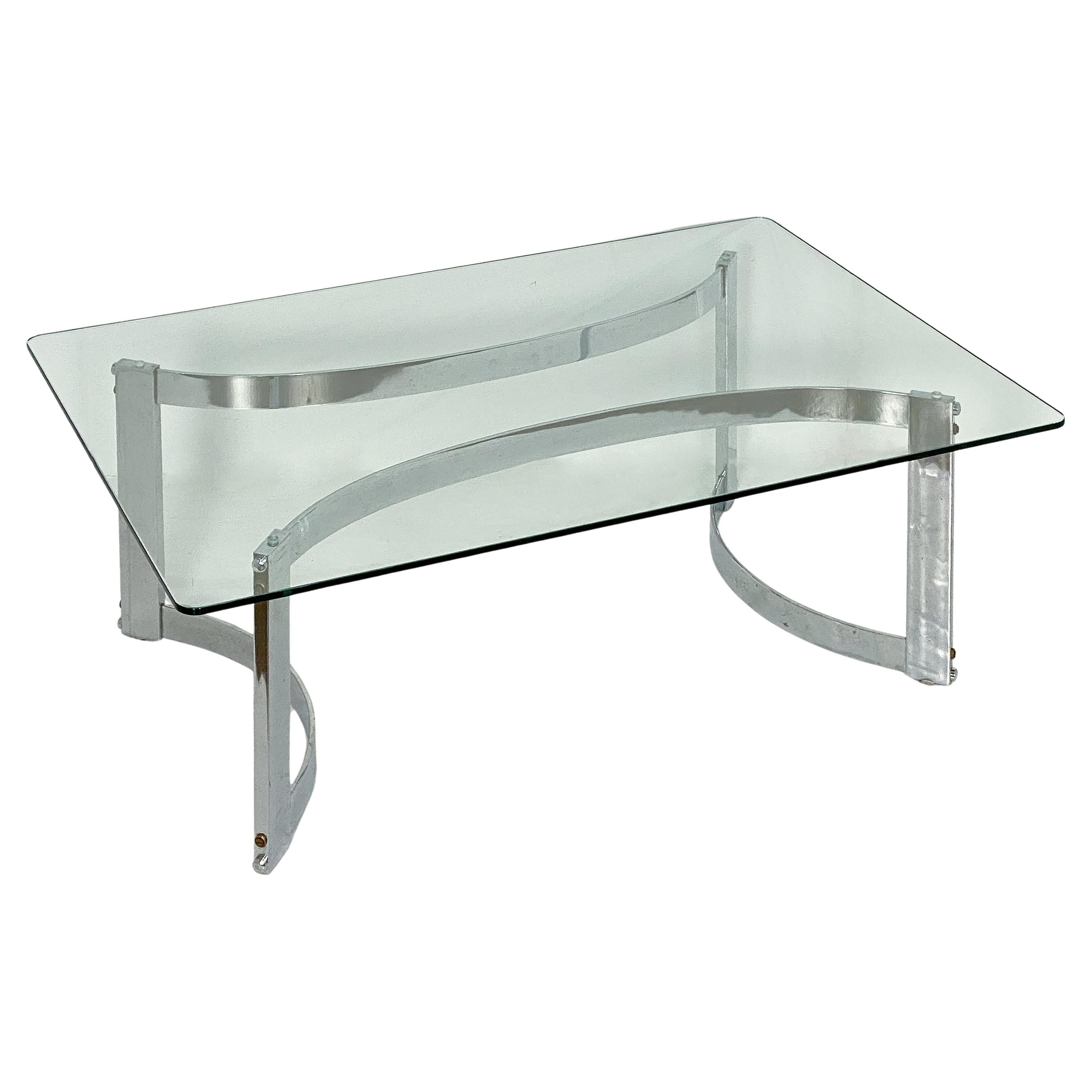 Grande table basse ou basse rectangulaire moderne française en chrome et verre