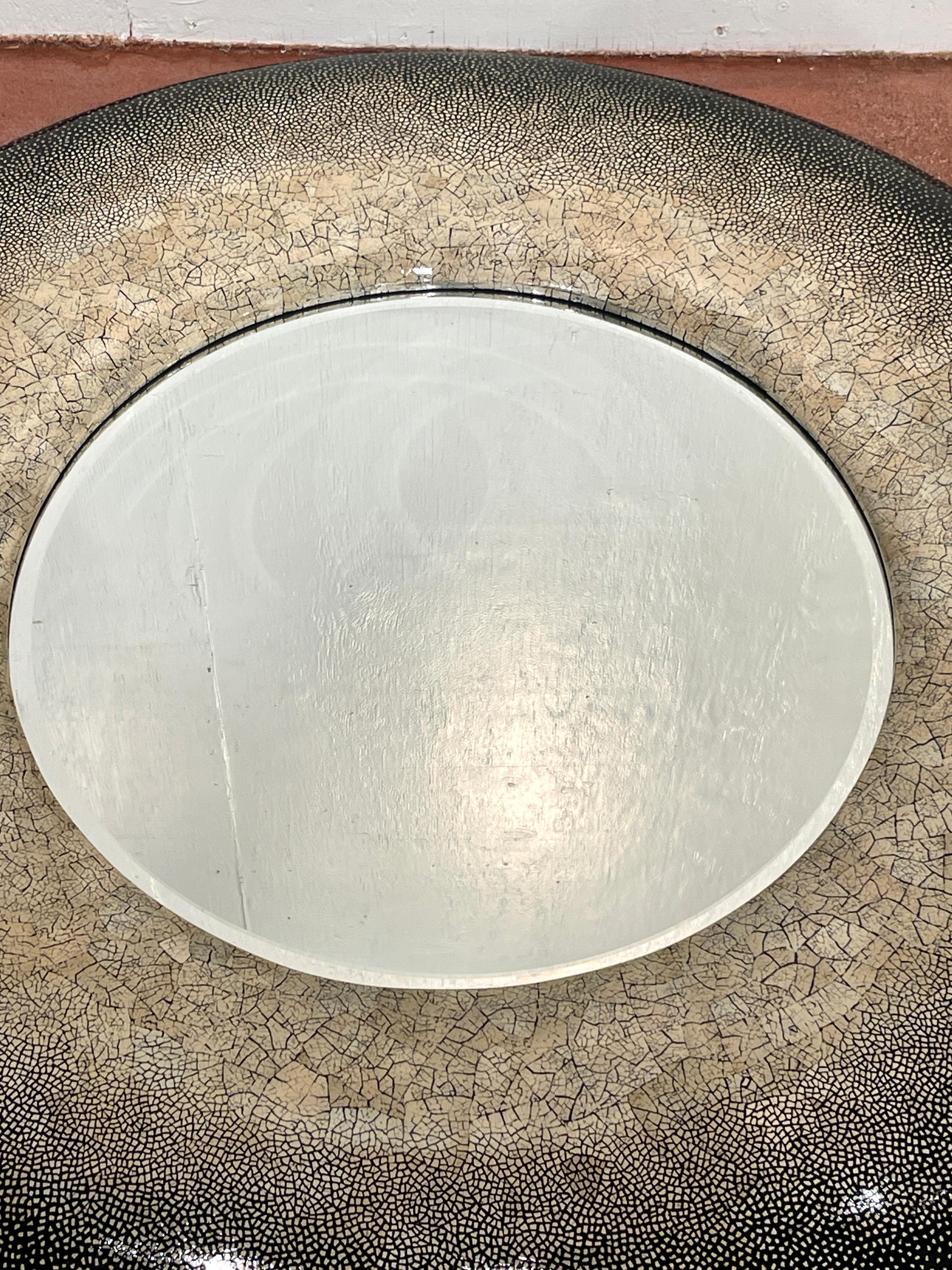 Large French Modern Style Lacquer and Eggshell Round Mirror For Sale 3
