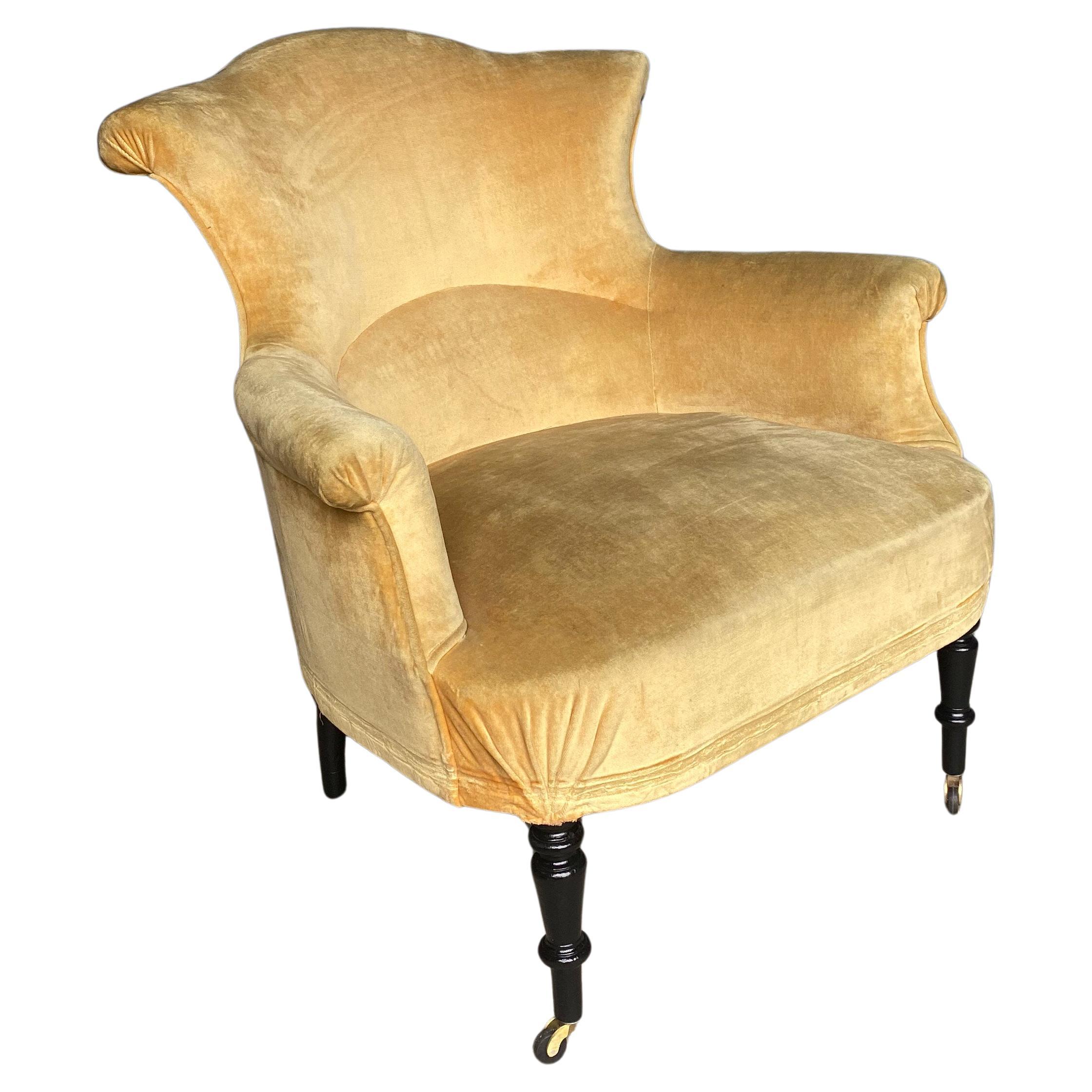 Large French Napoleon III Armchair in Gold Velvet For Sale