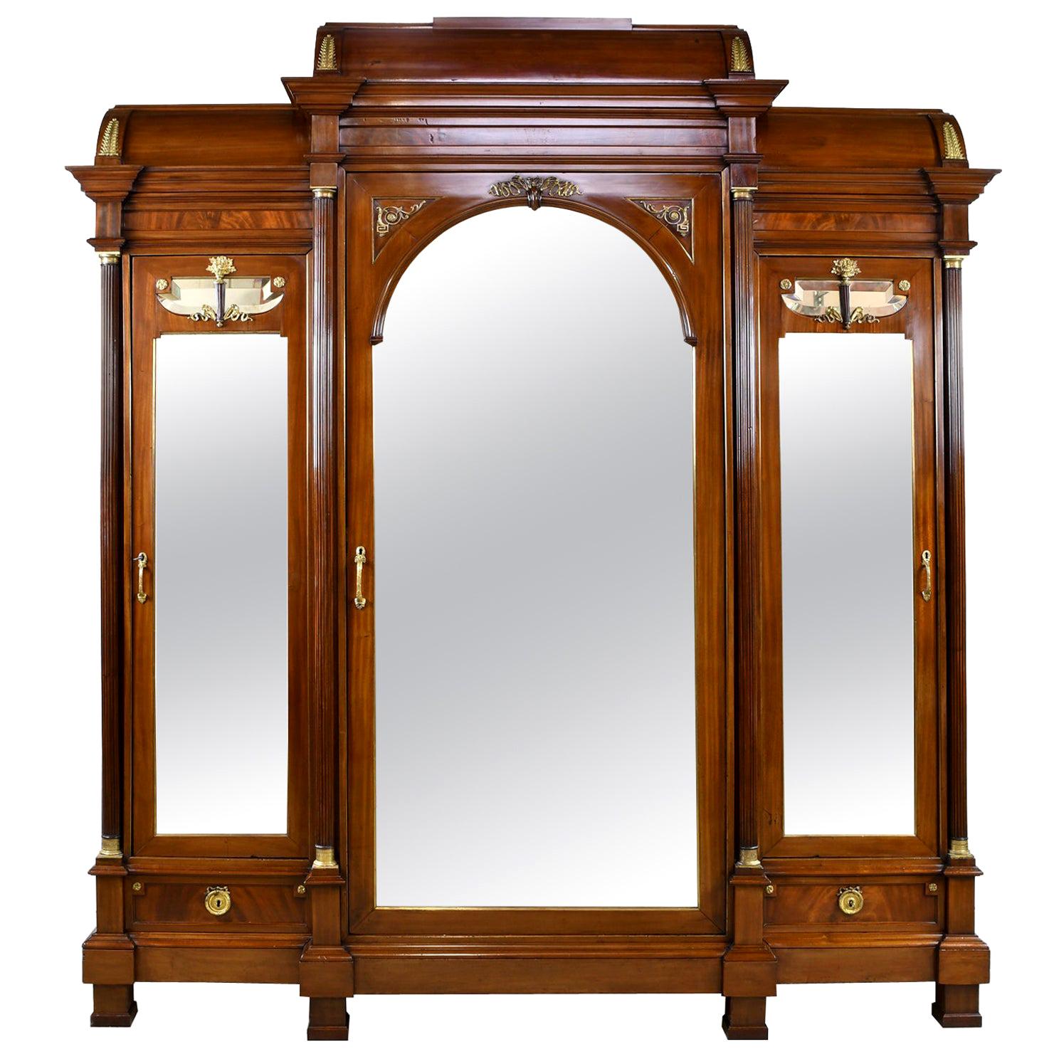 Large French Napoleon III Armoire in Mahogany with 3 Mirrored Doors