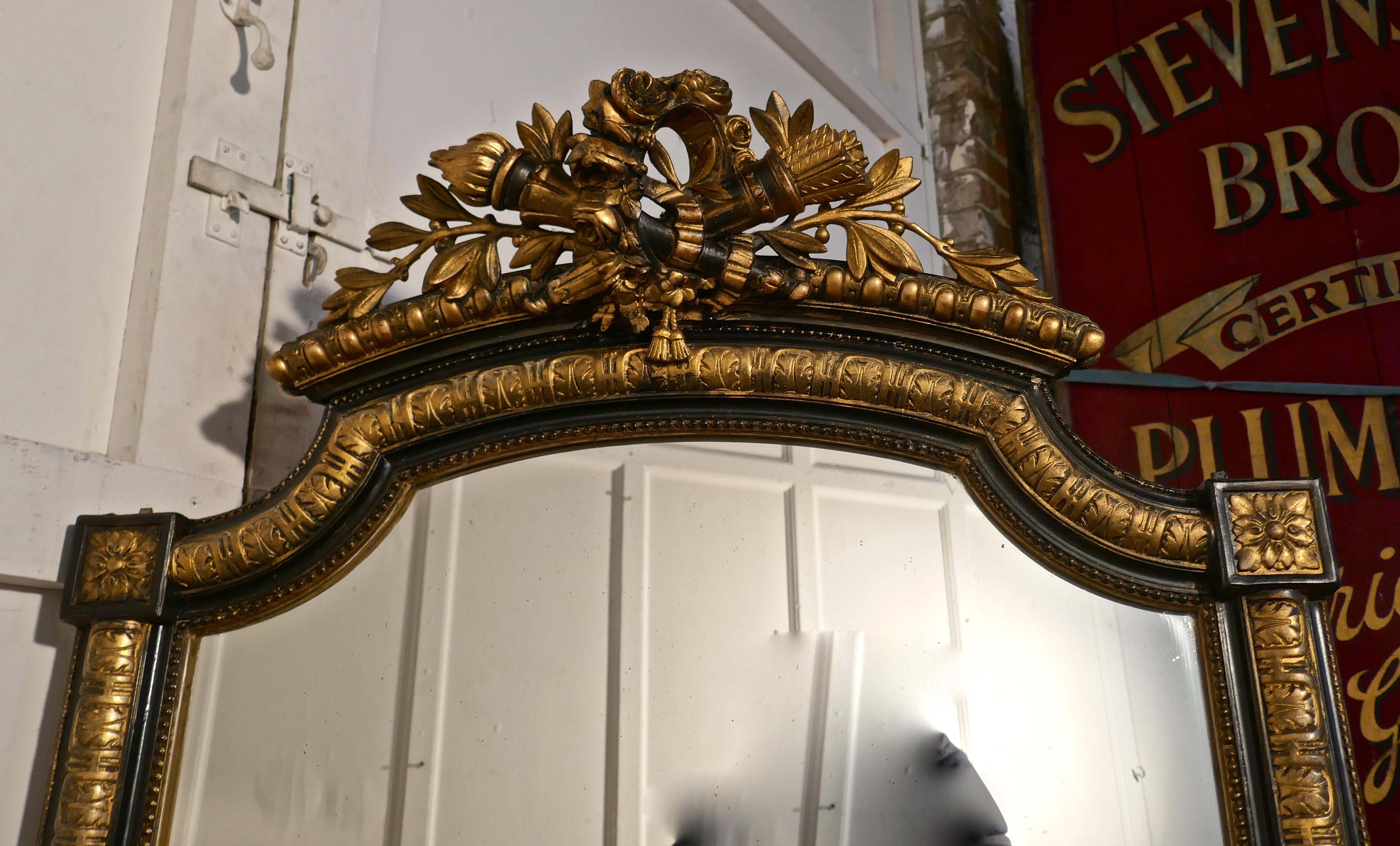 19th Century Large French Napoleon III Ebonized and Gilt Wall Mirror, Torch and Quiver Crest