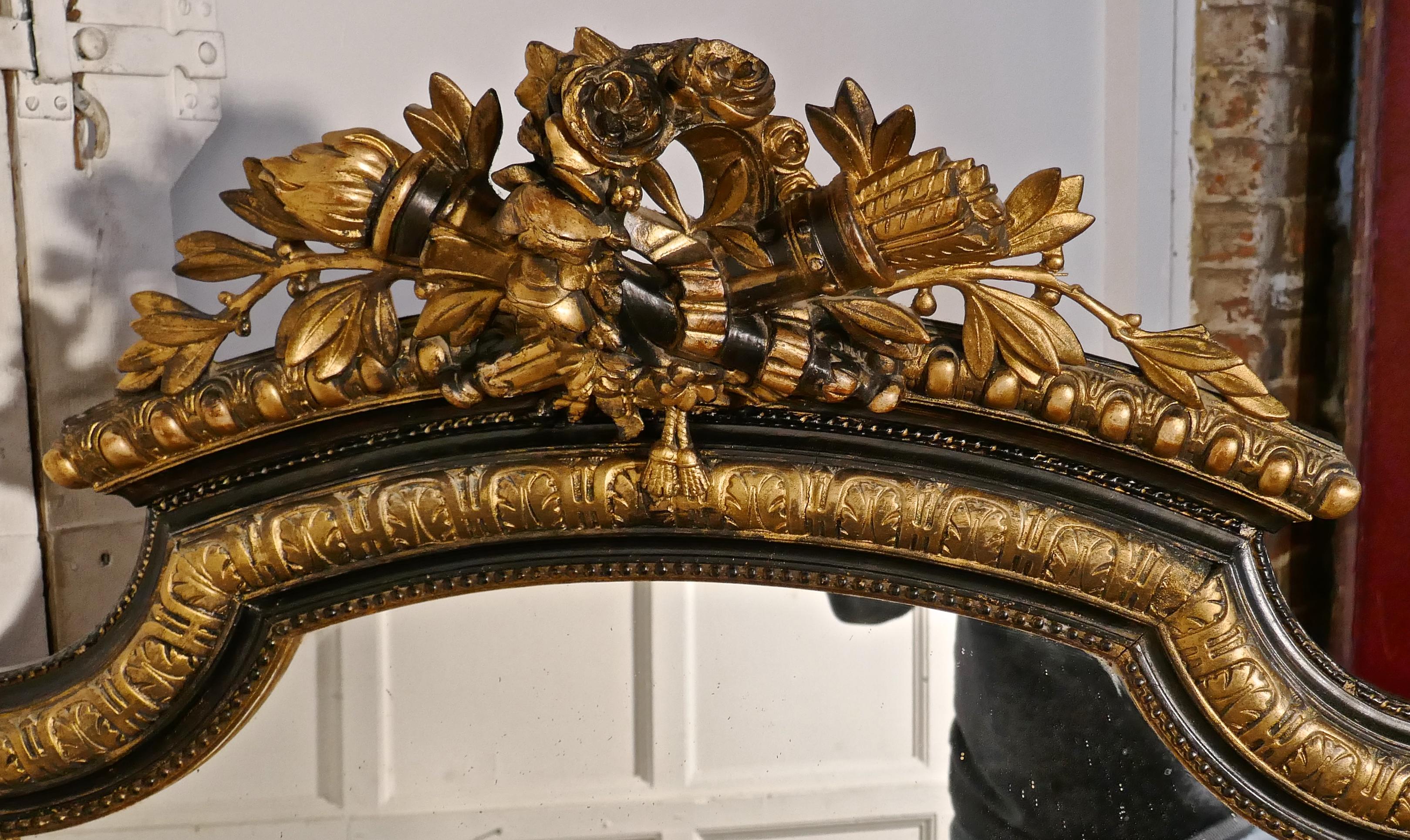 Large French Napoleon III Ebonized and Gilt Wall Mirror, Torch and Quiver Crest 1