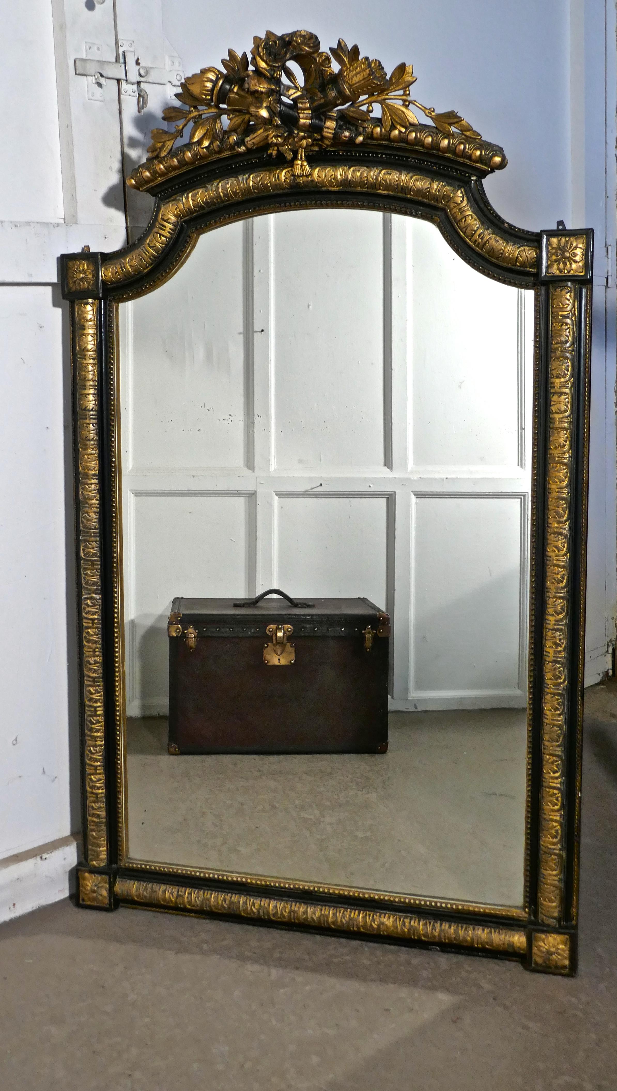 Large French Napoleon III Ebonized and Gilt Wall Mirror, Torch and Quiver Crest 2