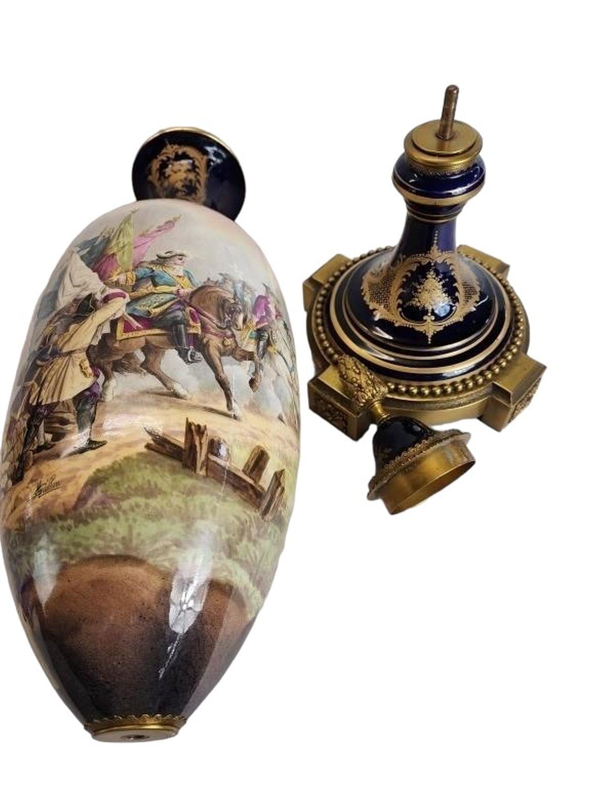 Brass LARGE French Napoleon Sevres Hand Painted 3 Piece Vase For Sale