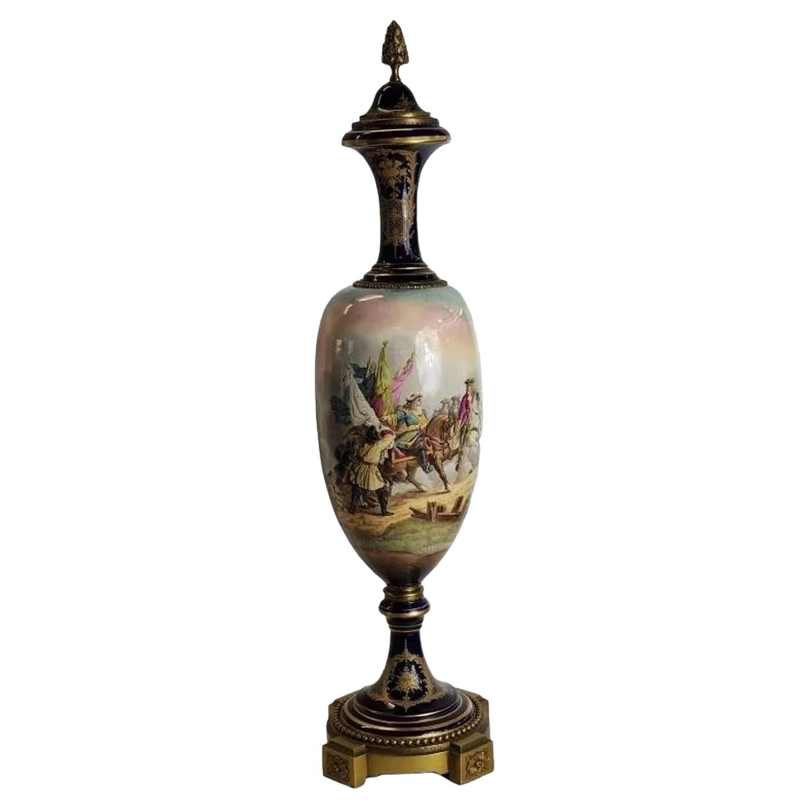 LARGE French Napoleon Sevres Hand Painted 3 Piece Vase For Sale