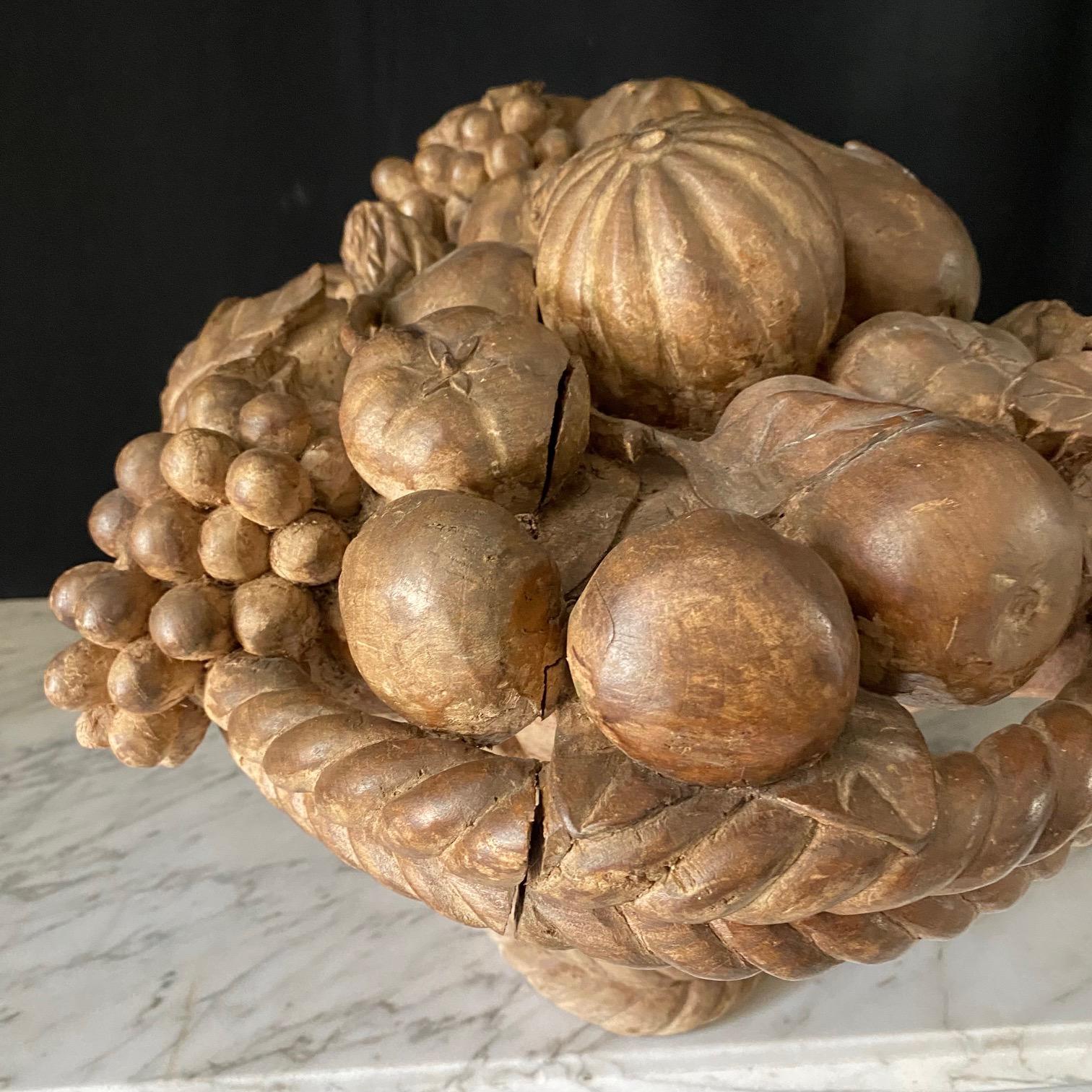 Large French Natural Carved Wood Centerpiece Fruit Cornucopia For Sale 1