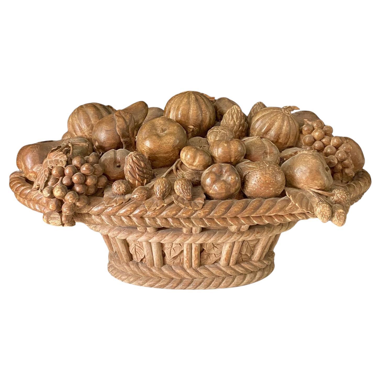 Large French Natural Carved Wood Centerpiece Fruit Cornucopia  For Sale