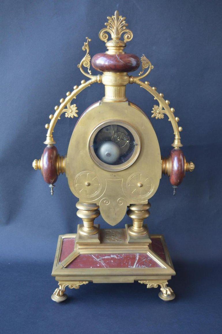 Large French Neo-Grec Revival Gilt Bronze & Marble Mantel Clock, c. 1870. For Sale 3