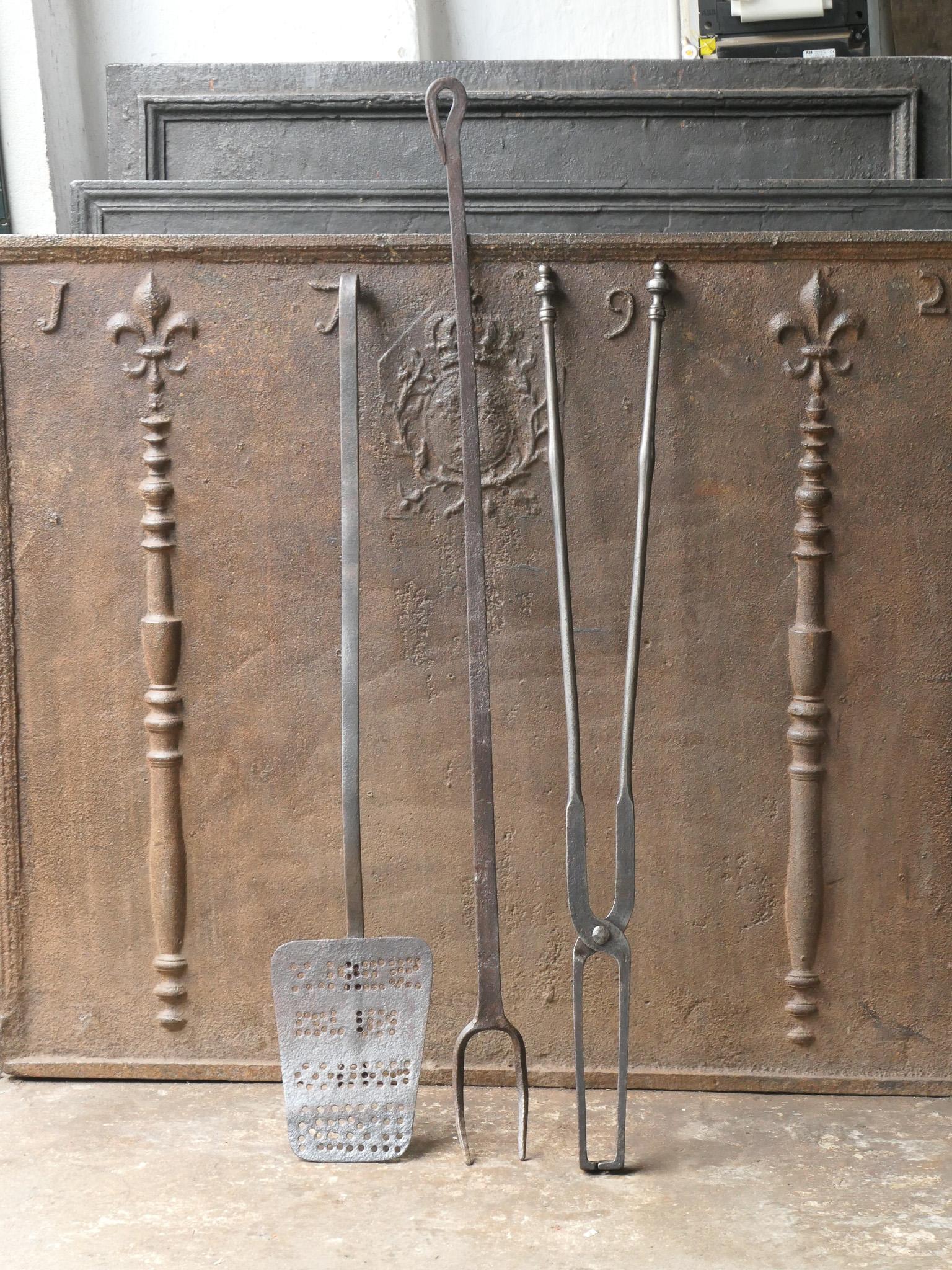 Forged Large French Neoclassical Fireplace Tools, 18th-19th Century For Sale