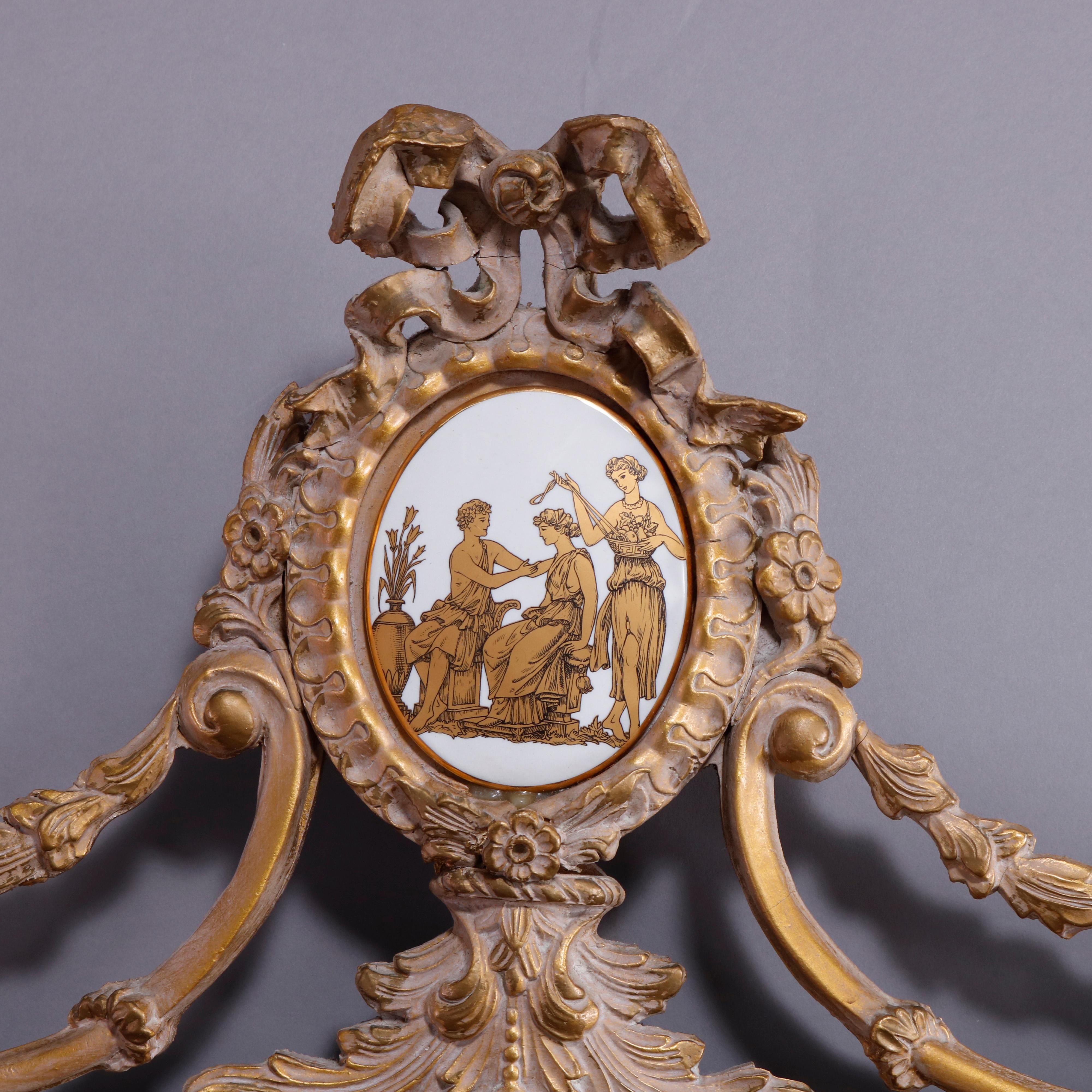 Carved Large French Neoclassical Gilt Wall Mirror & Porcelain Plaque, 20th C