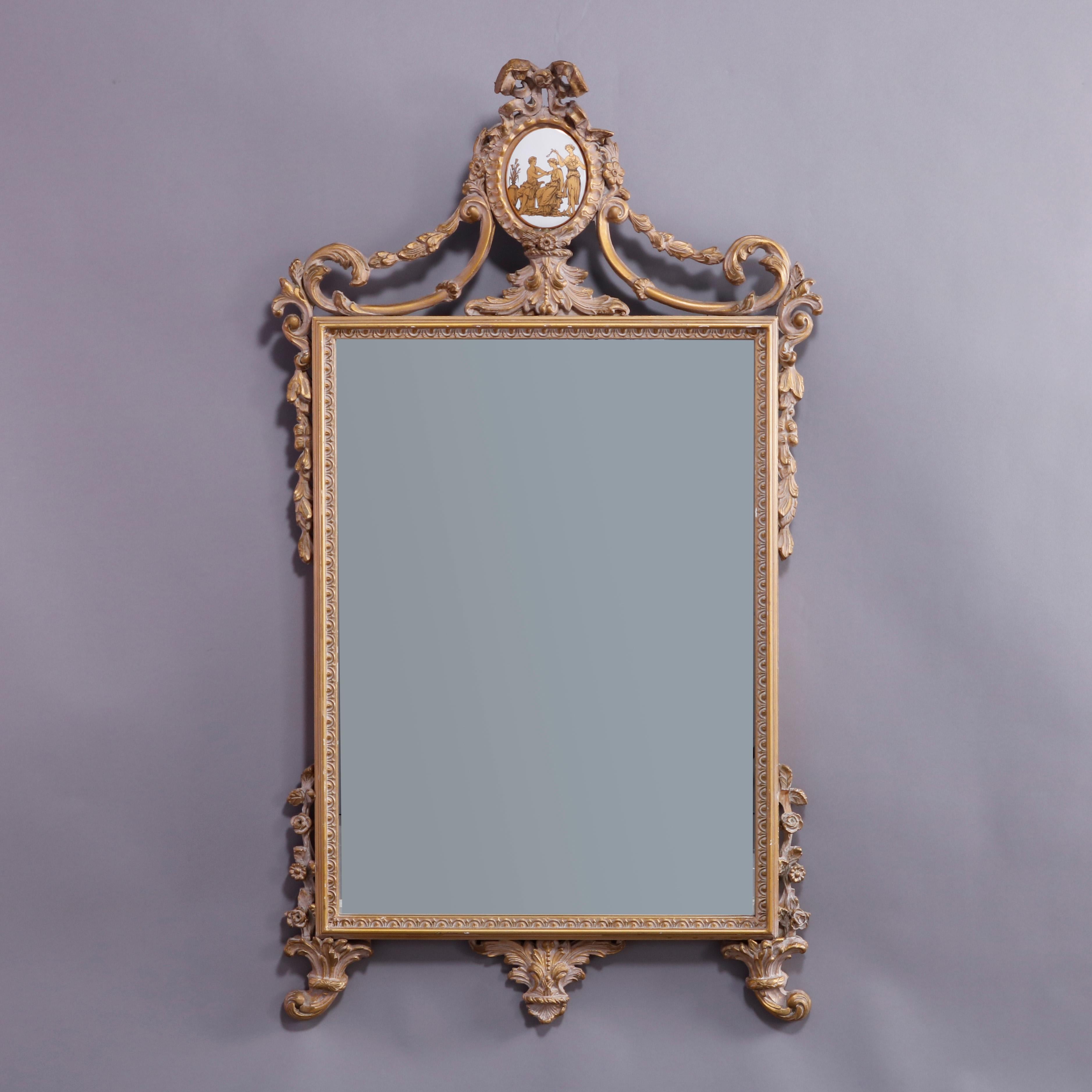 20th Century Large French Neoclassical Gilt Wall Mirror & Porcelain Plaque, 20th C