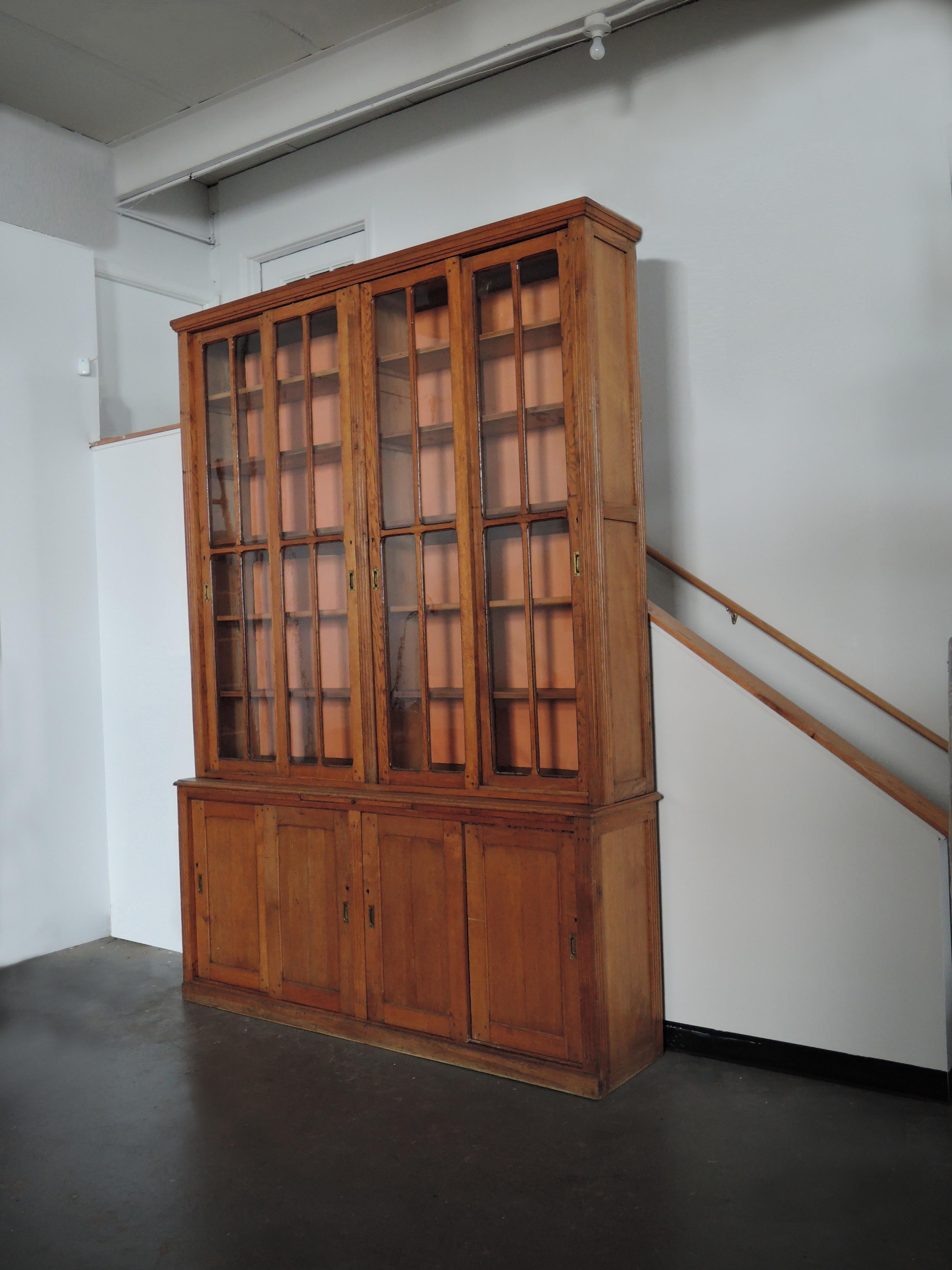 Large French Neoclassical Oak School Bookcase For Sale 1