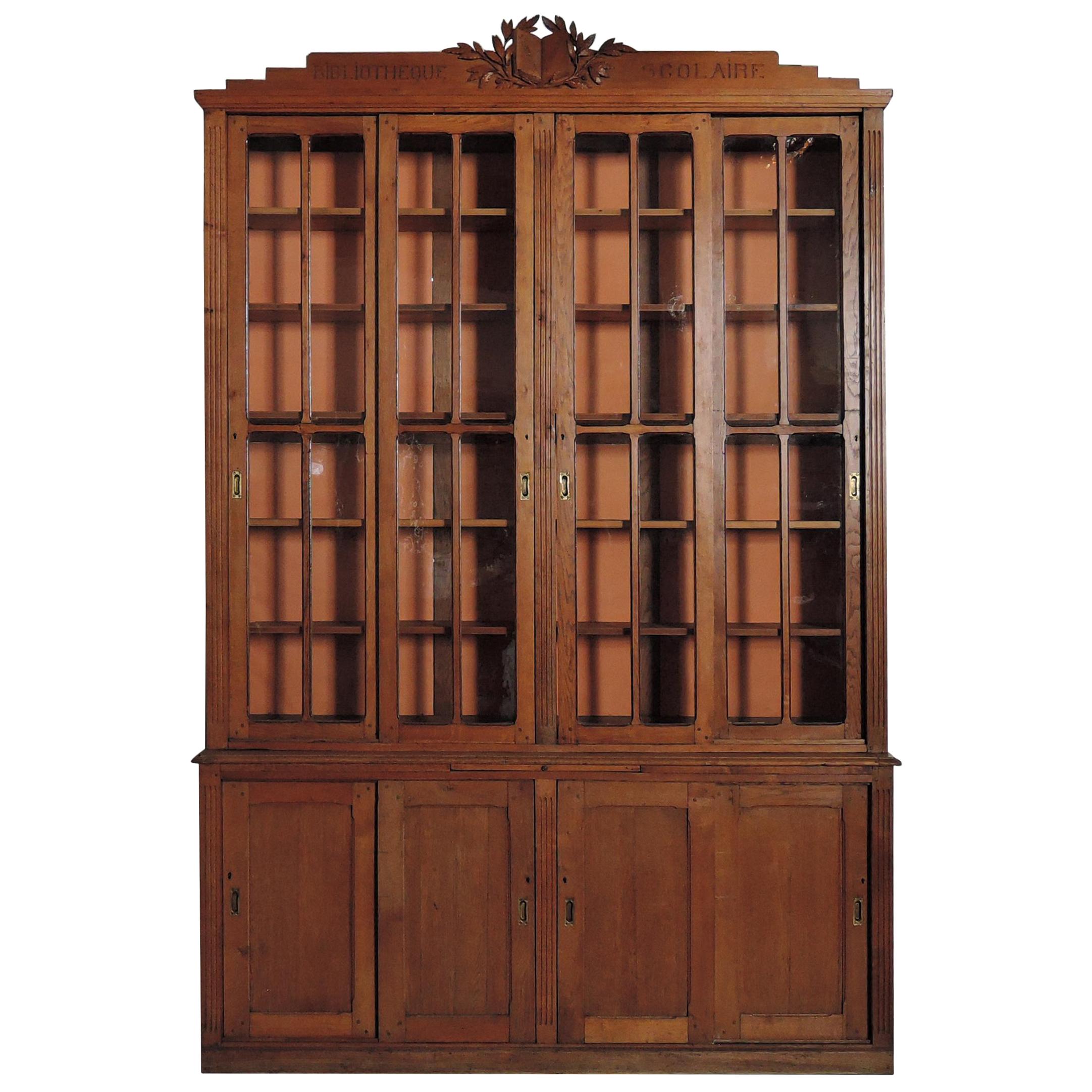 Large French Neoclassical Oak School Bookcase