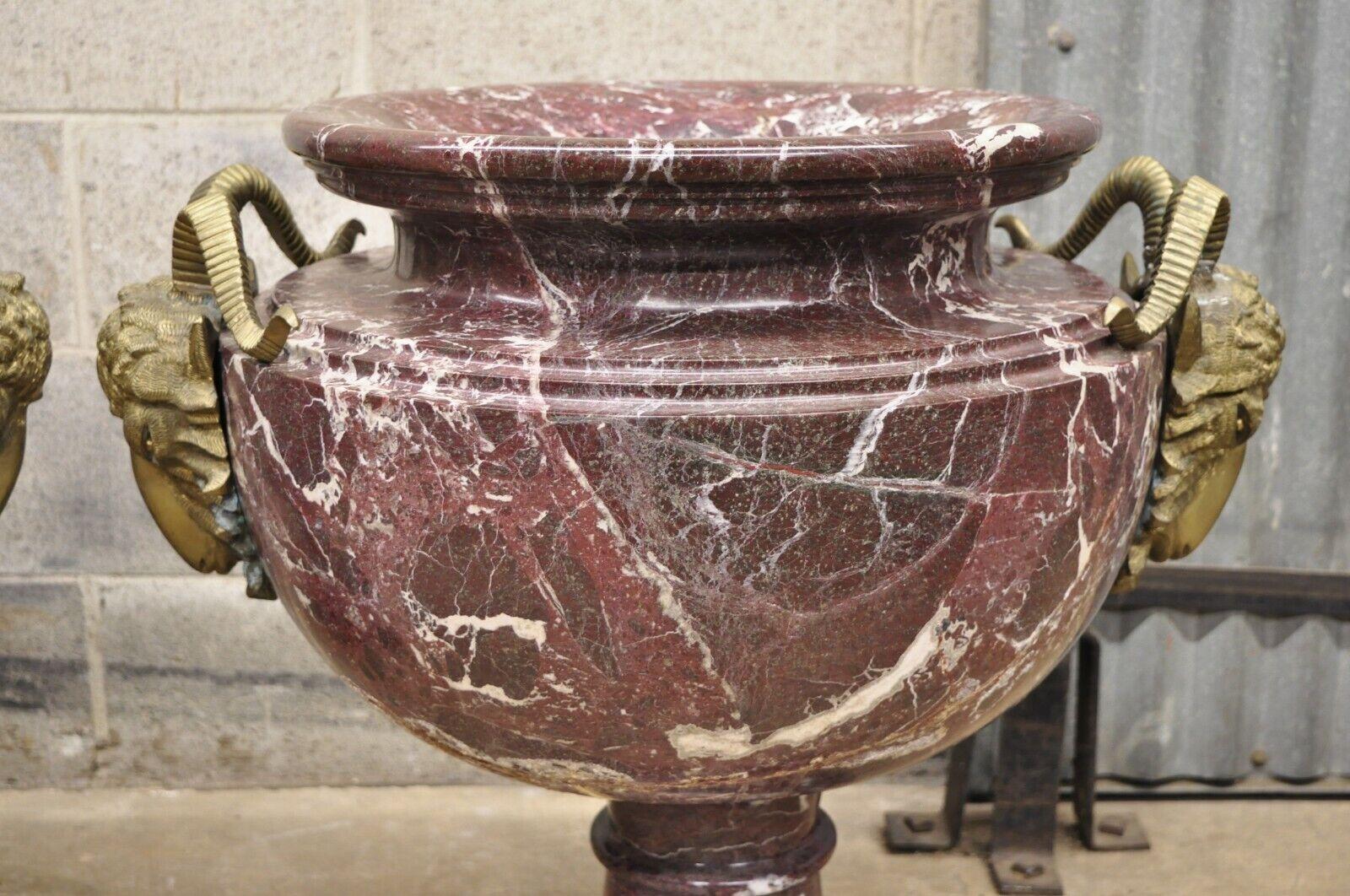 Large French Neoclassical Rouge Marble Bronze Rams Head Urn Planters - a Pair In Good Condition For Sale In Philadelphia, PA