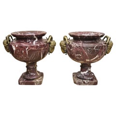 Retro Large French Neoclassical Rouge Marble Bronze Rams Head Urn Planters - a Pair