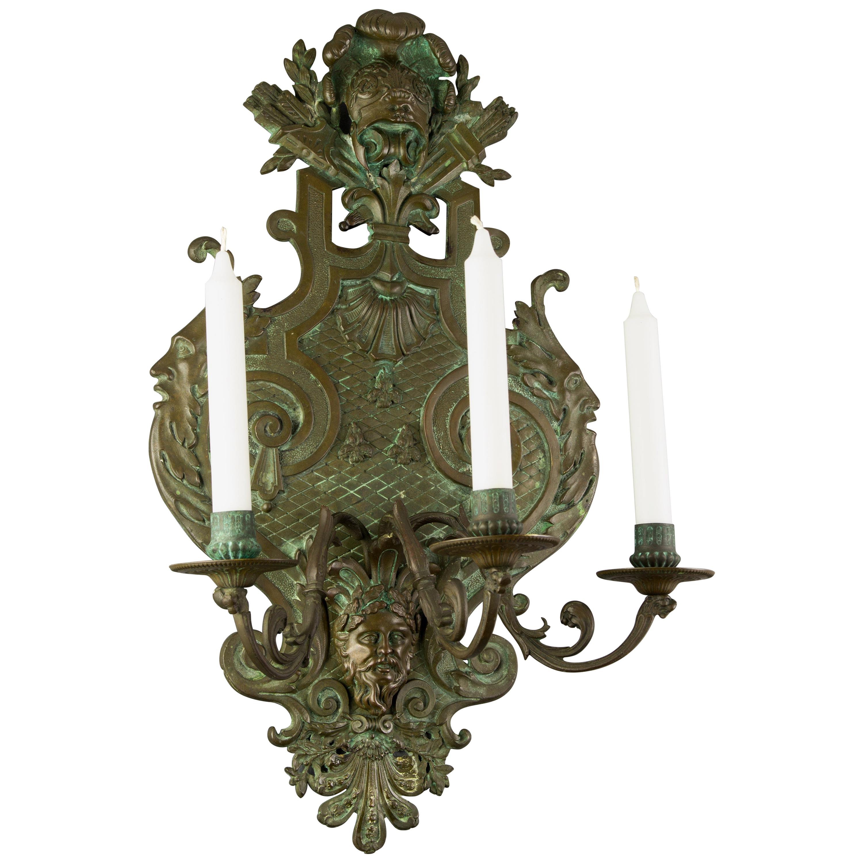 Large French Neoclassical Style Bronze Three-Light Wall Light, Late 19th Century
