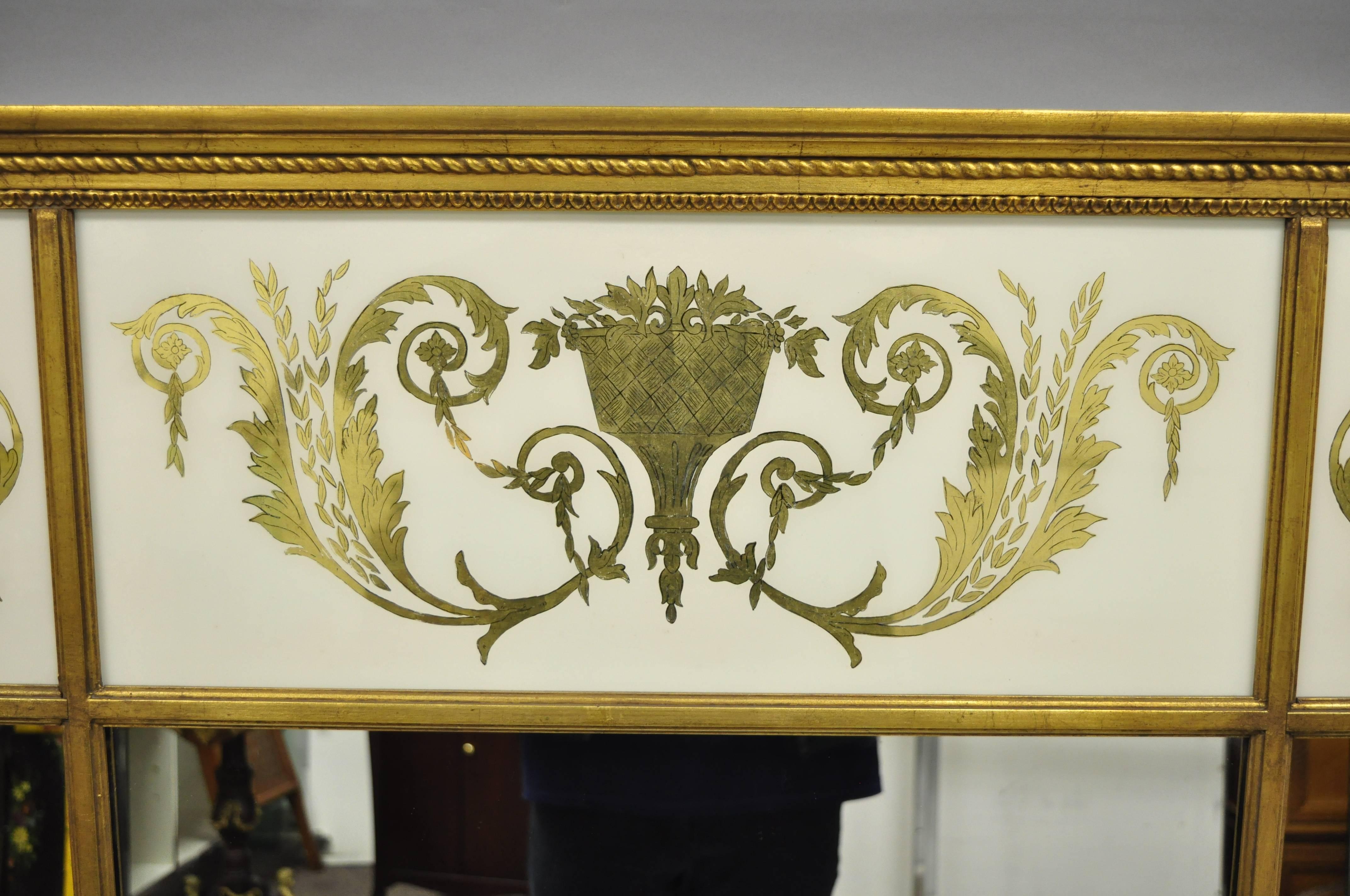 Large French Neoclassical Style Gold Gilt Reverse Painted Italian Trumeau Mirror In Good Condition In Philadelphia, PA