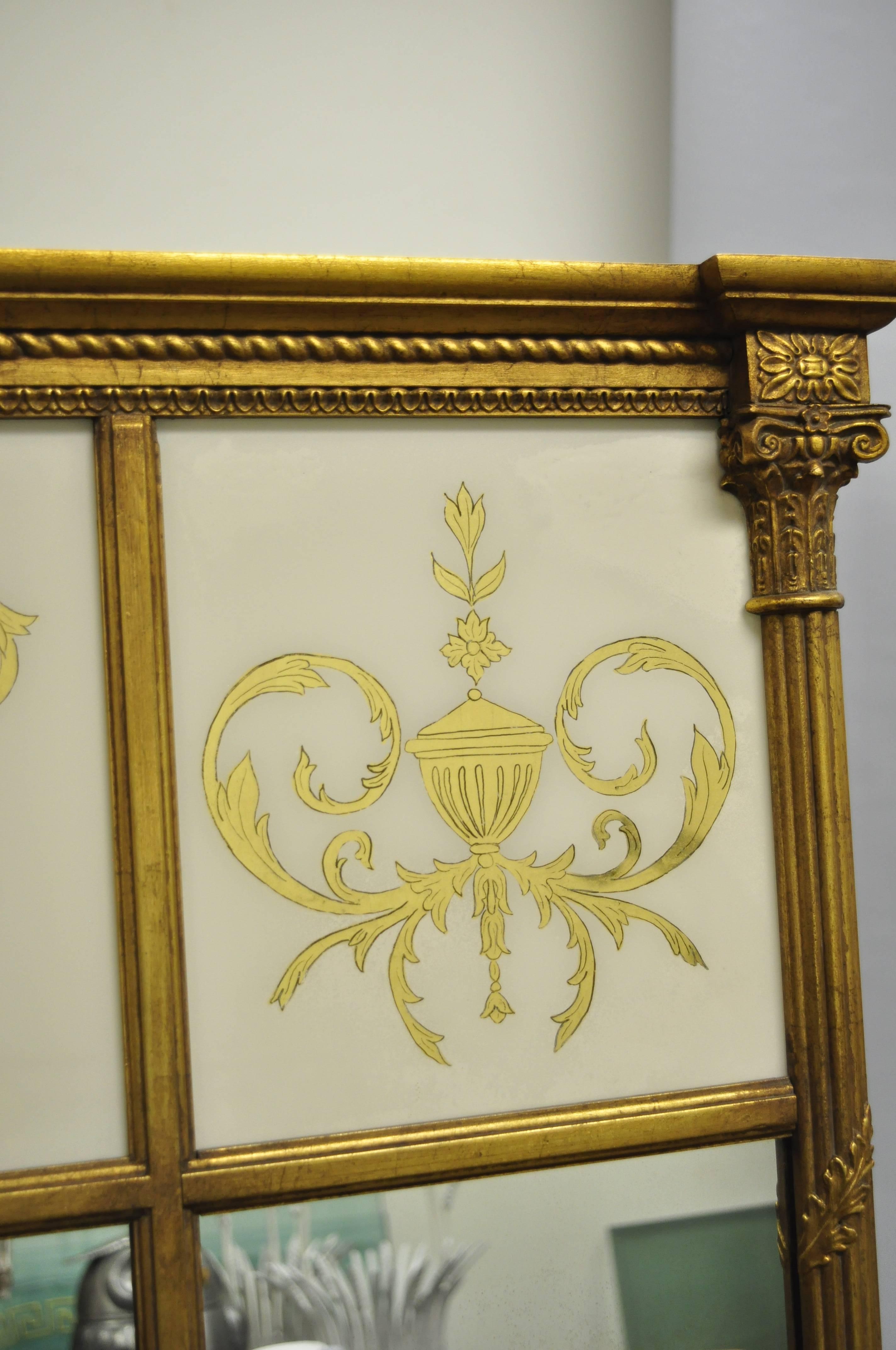 Glass Large French Neoclassical Style Gold Gilt Reverse Painted Italian Trumeau Mirror