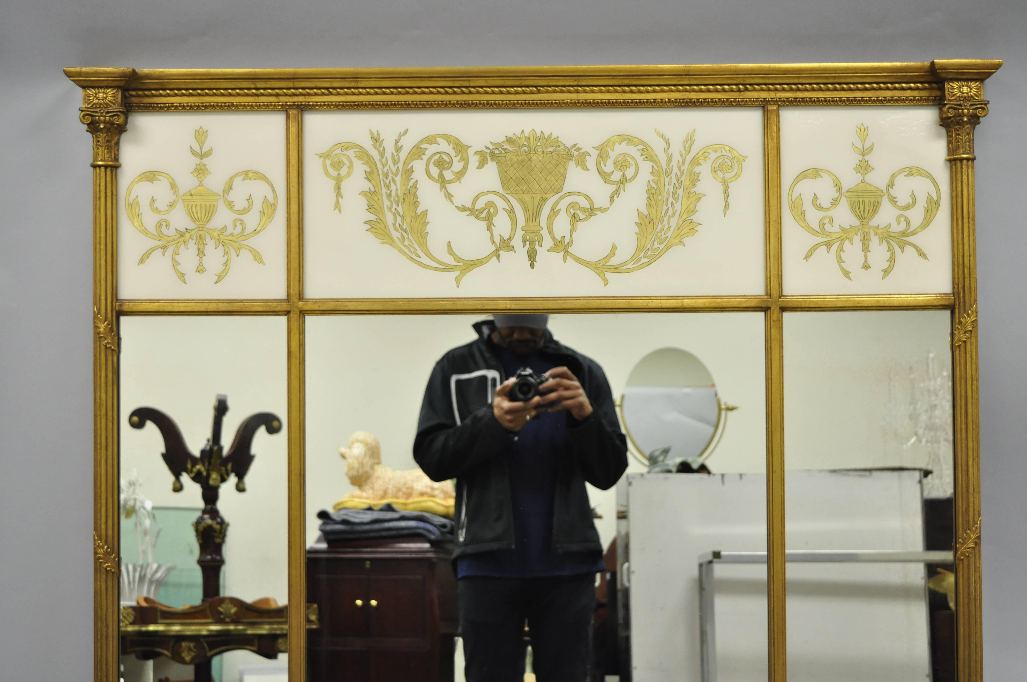 Large French Neoclassical Style Gold Gilt Reverse Painted Italian Trumeau Mirror 3