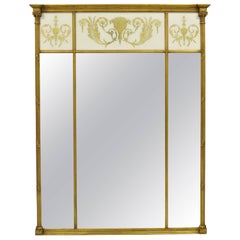 Large French Neoclassical Style Gold Gilt Reverse Painted Italian Trumeau Mirror