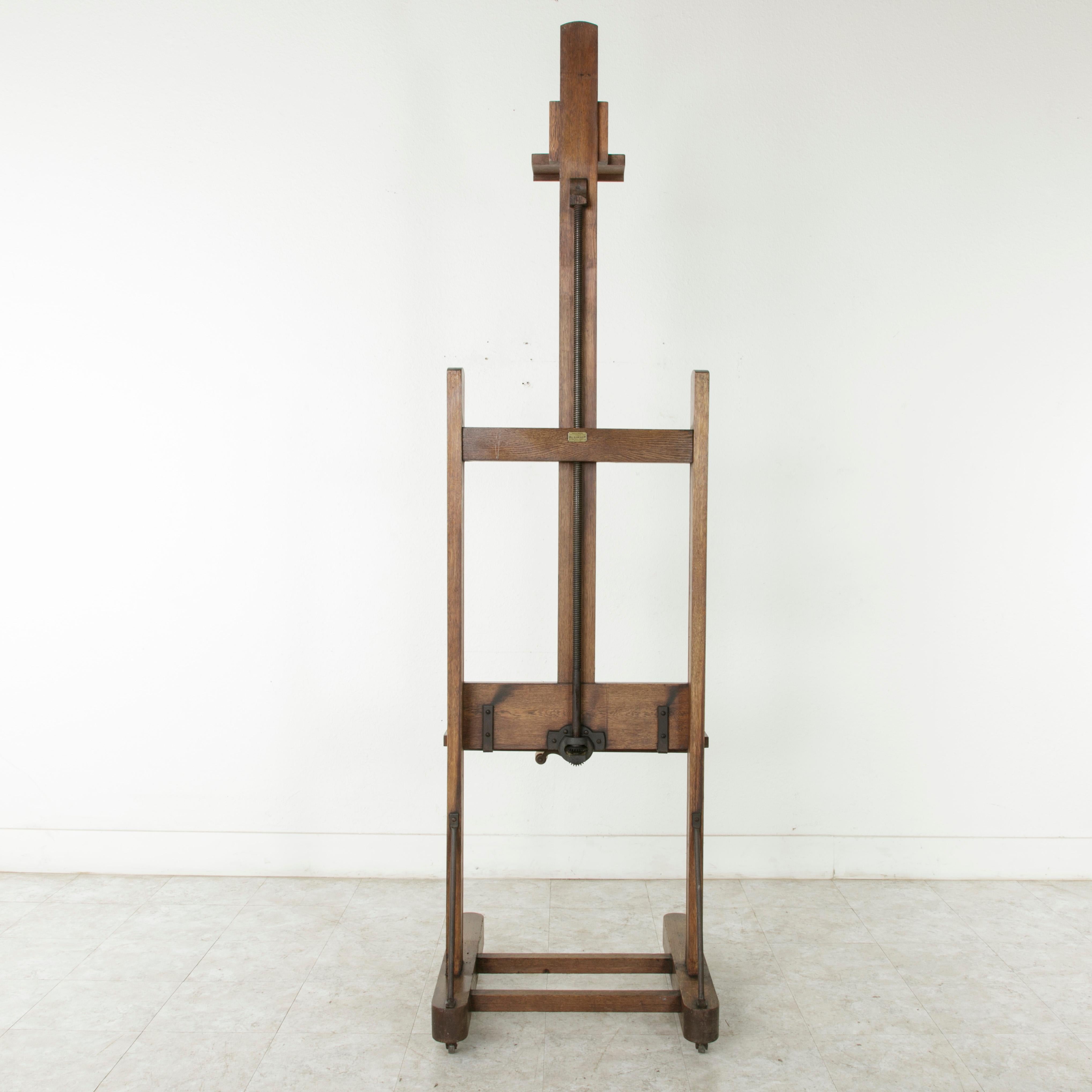 Large French Oak Adjustable Artist's Floor Easel with Crank and Label 5