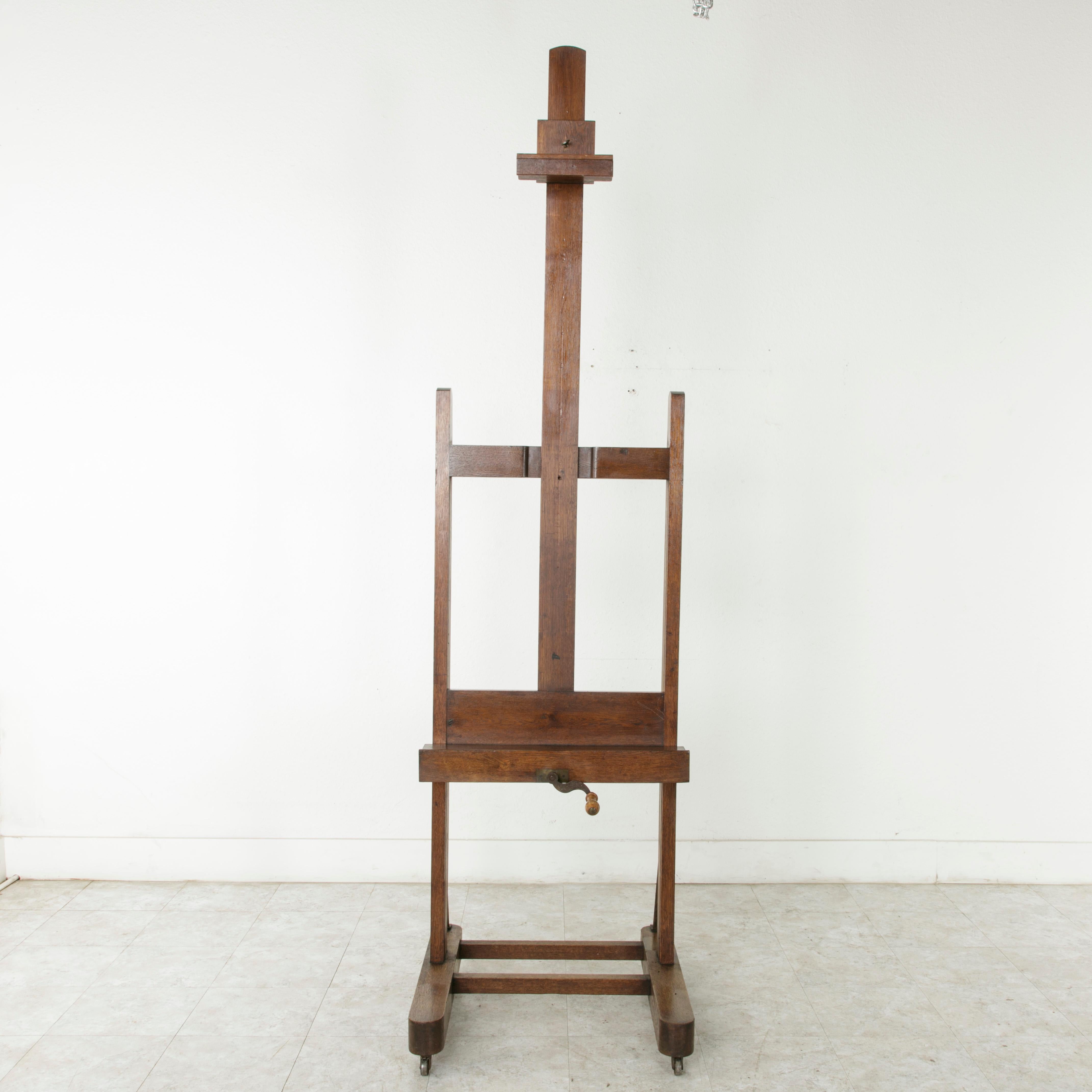 Large French Oak Adjustable Artist's Floor Easel with Crank and Label 3