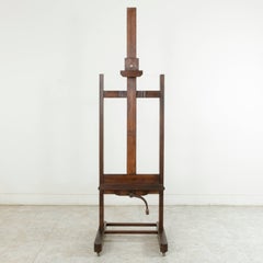 Large French Oak Adjustable Floor Easel circa 1900 Iron Crank