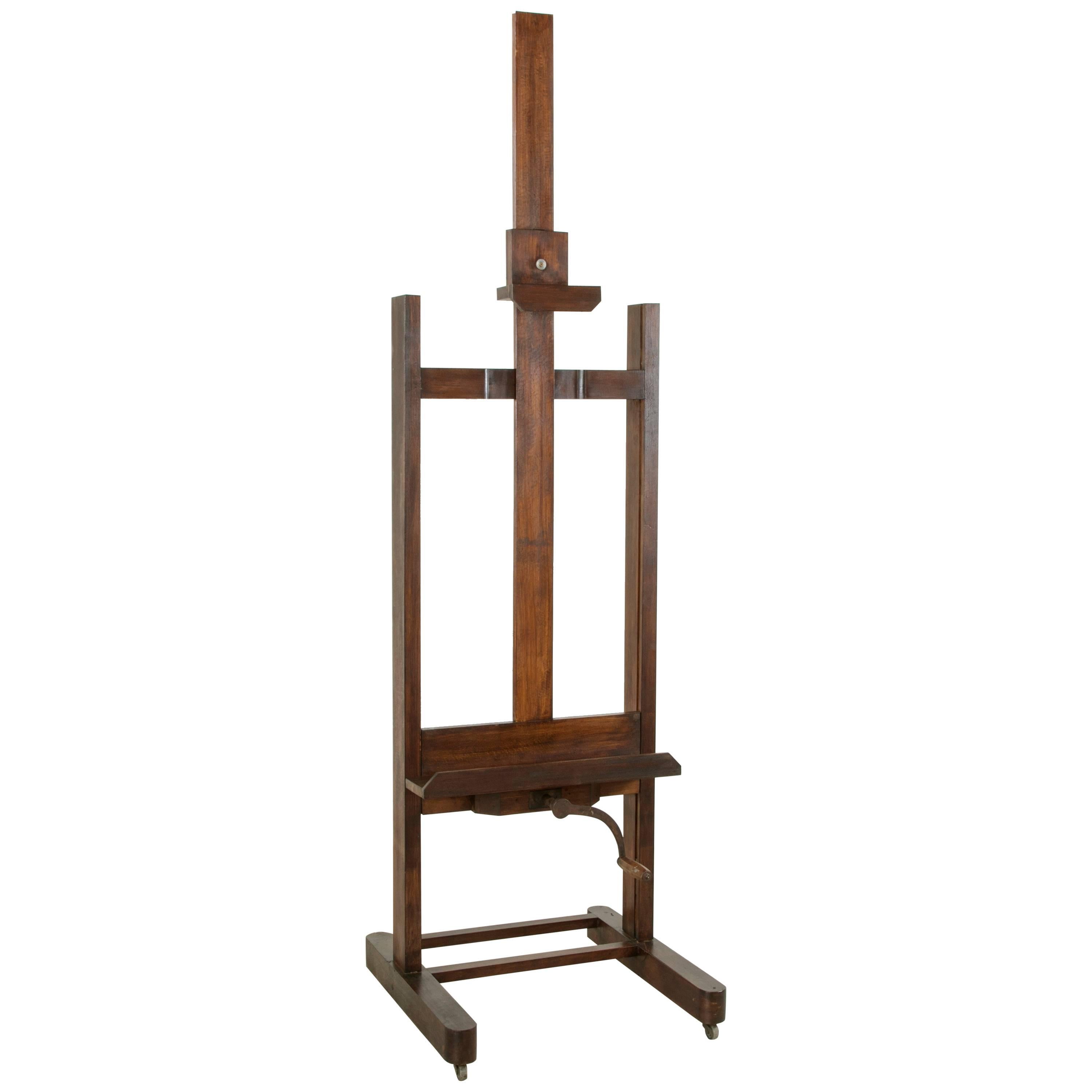 Large French Oak Adjustable Floor Easel circa 1900 Iron Crank