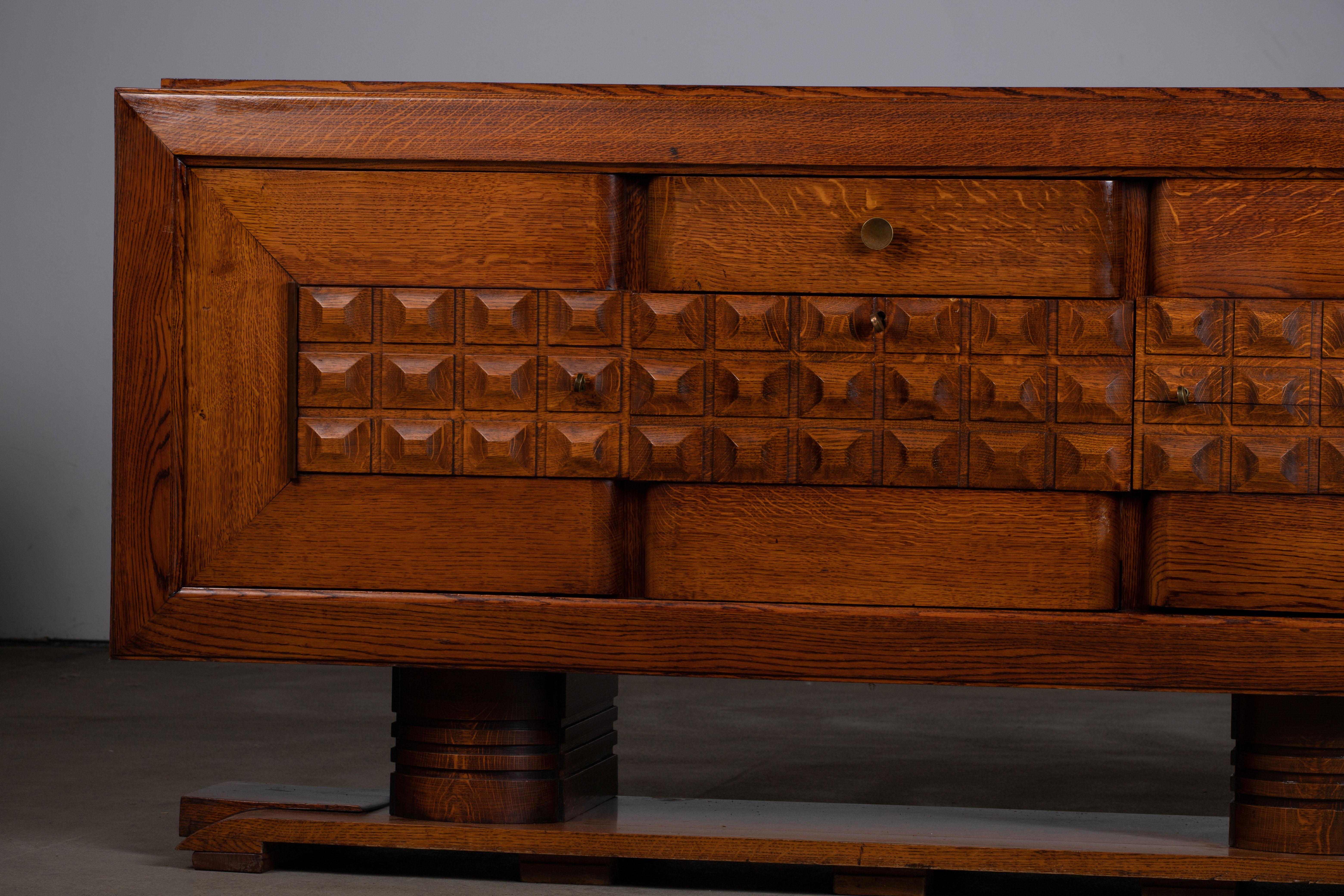 Carved Large French Oak Art Deco Sideboard Att. to Charles Dudouyt, France, C1940s