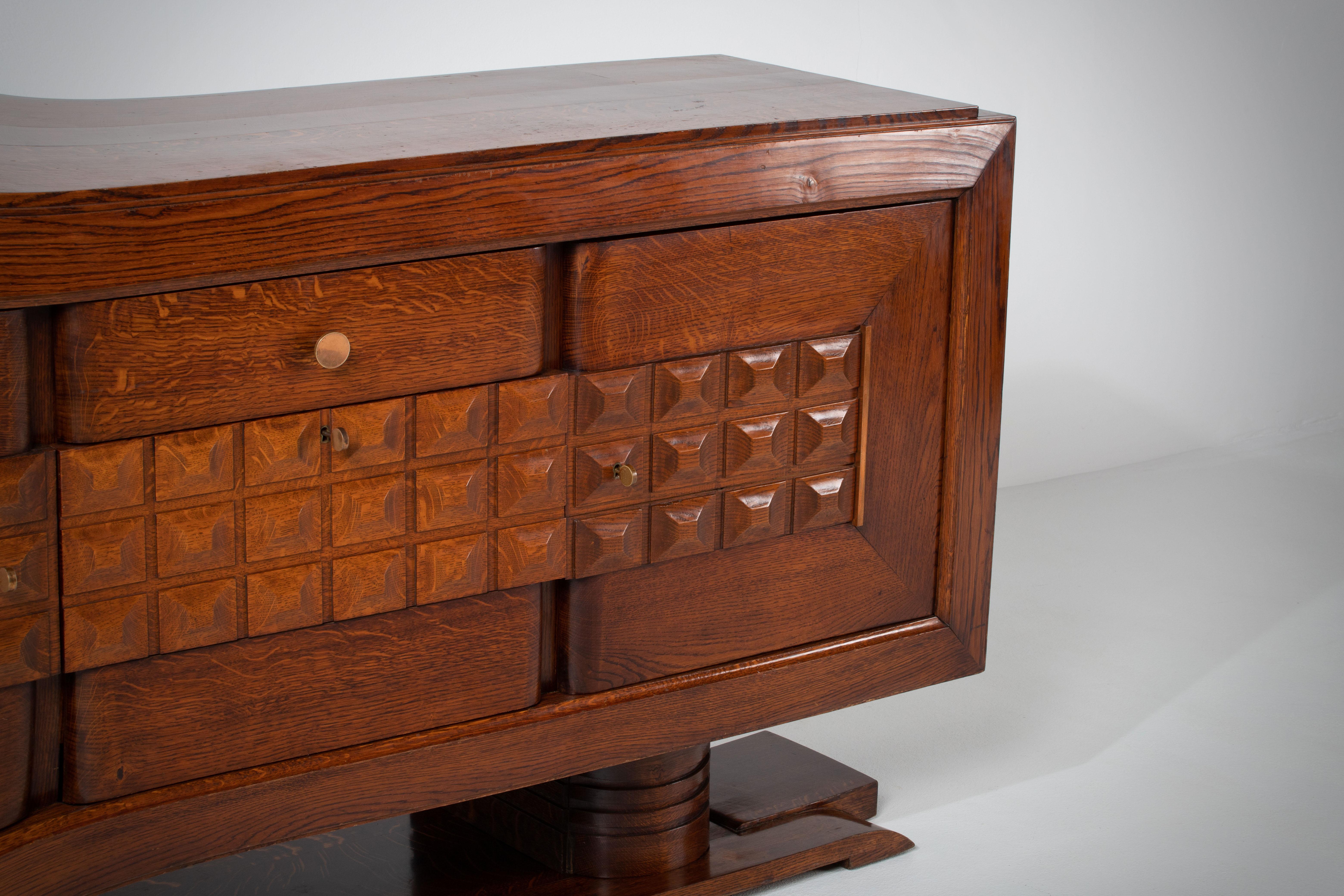 Carved Large French Oak Art Deco Sideboard Att. to Charles Dudouyt, France, C1940s For Sale