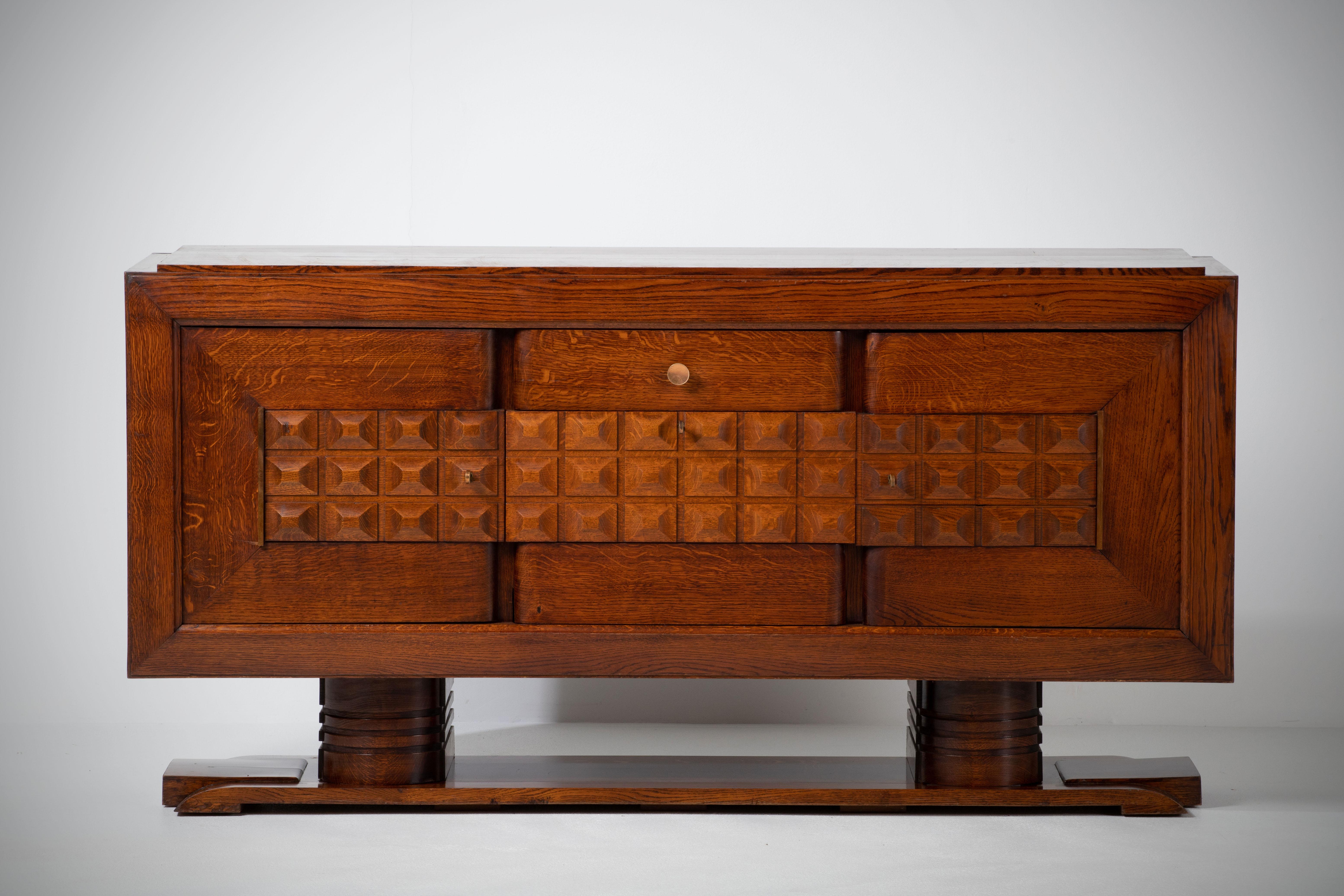 Brass Large French Oak Art Deco Sideboard Att. to Charles Dudouyt, France, C1940s For Sale