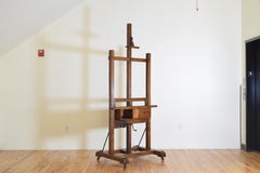 Large French Oak Easel Original Casters Supply Box & Working Crank, 19th Century