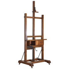 Large French Oak Easel Original Casters Supply Box & Working Crank, 19th Century