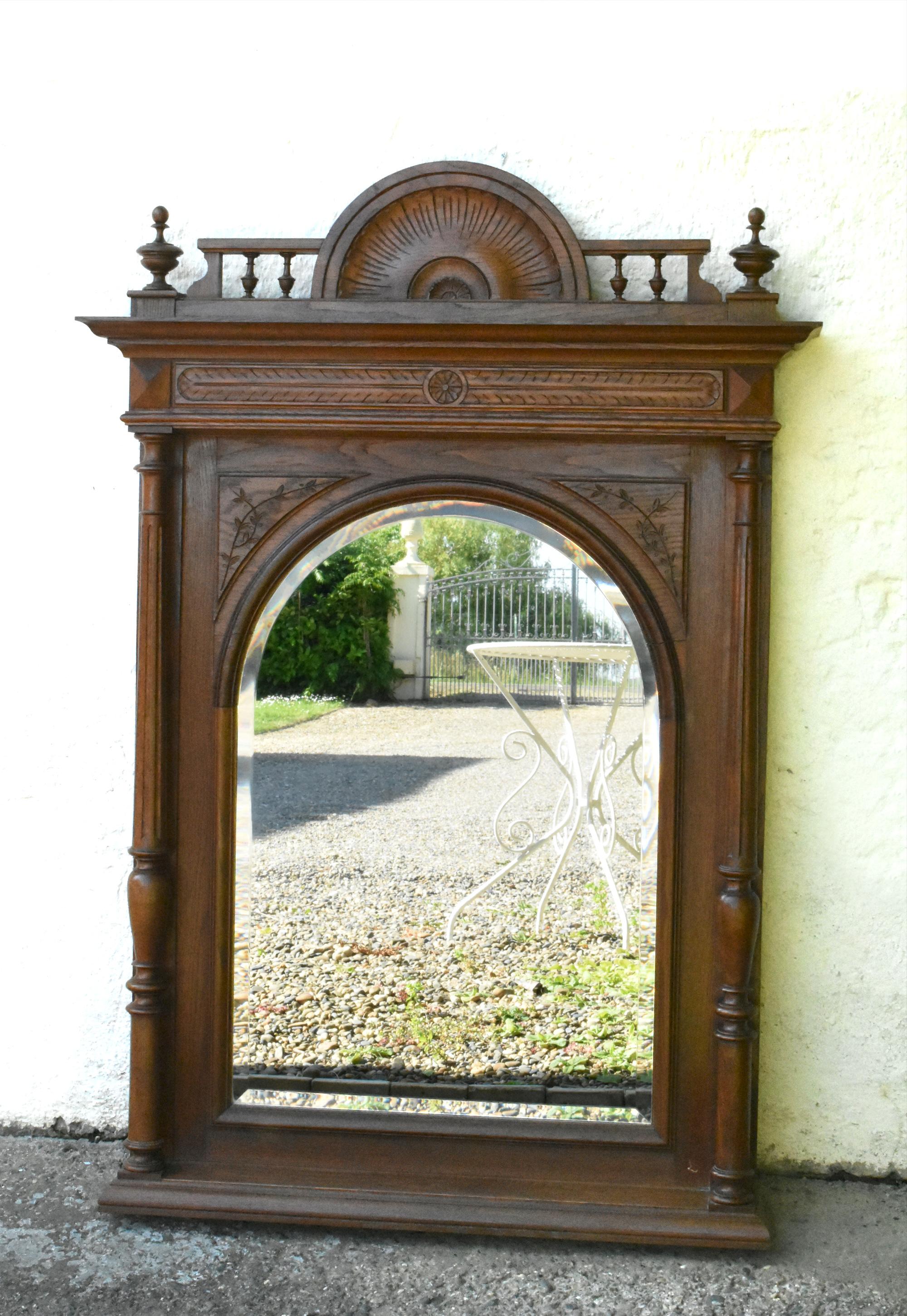 Beveled Large French Oak Overmantel Mirror Henri II For Sale