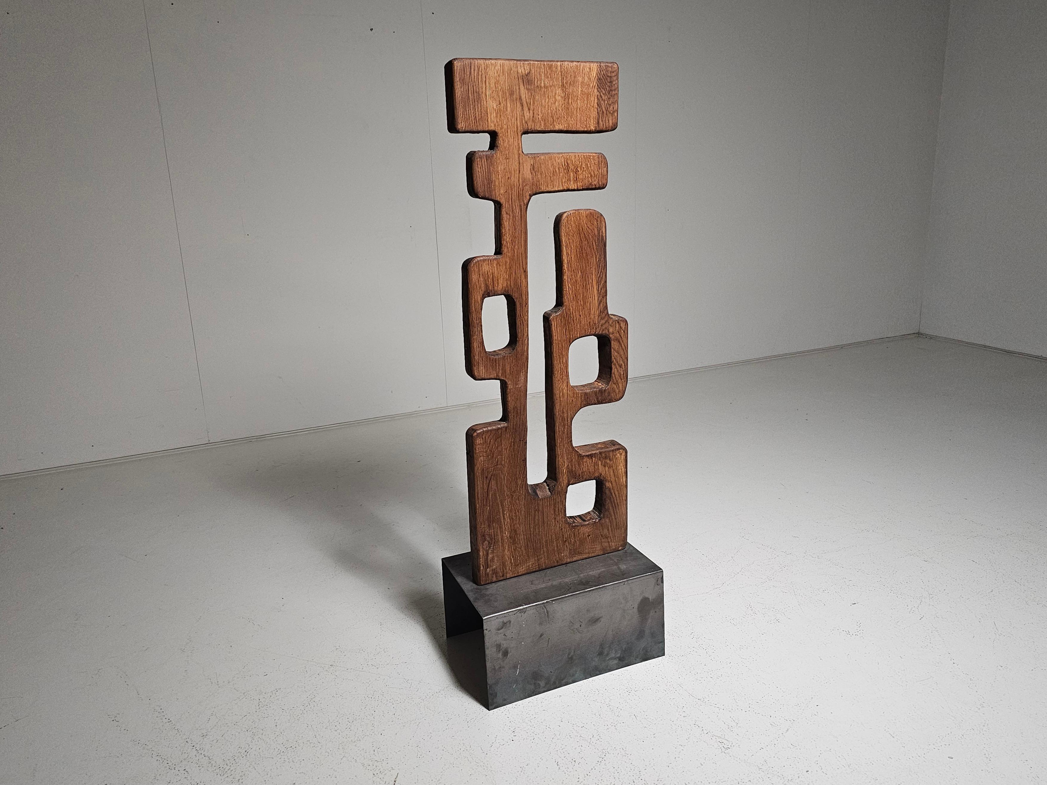 Mid-Century Modern Large French oak wood carved abstract sculpture, circa 1950s