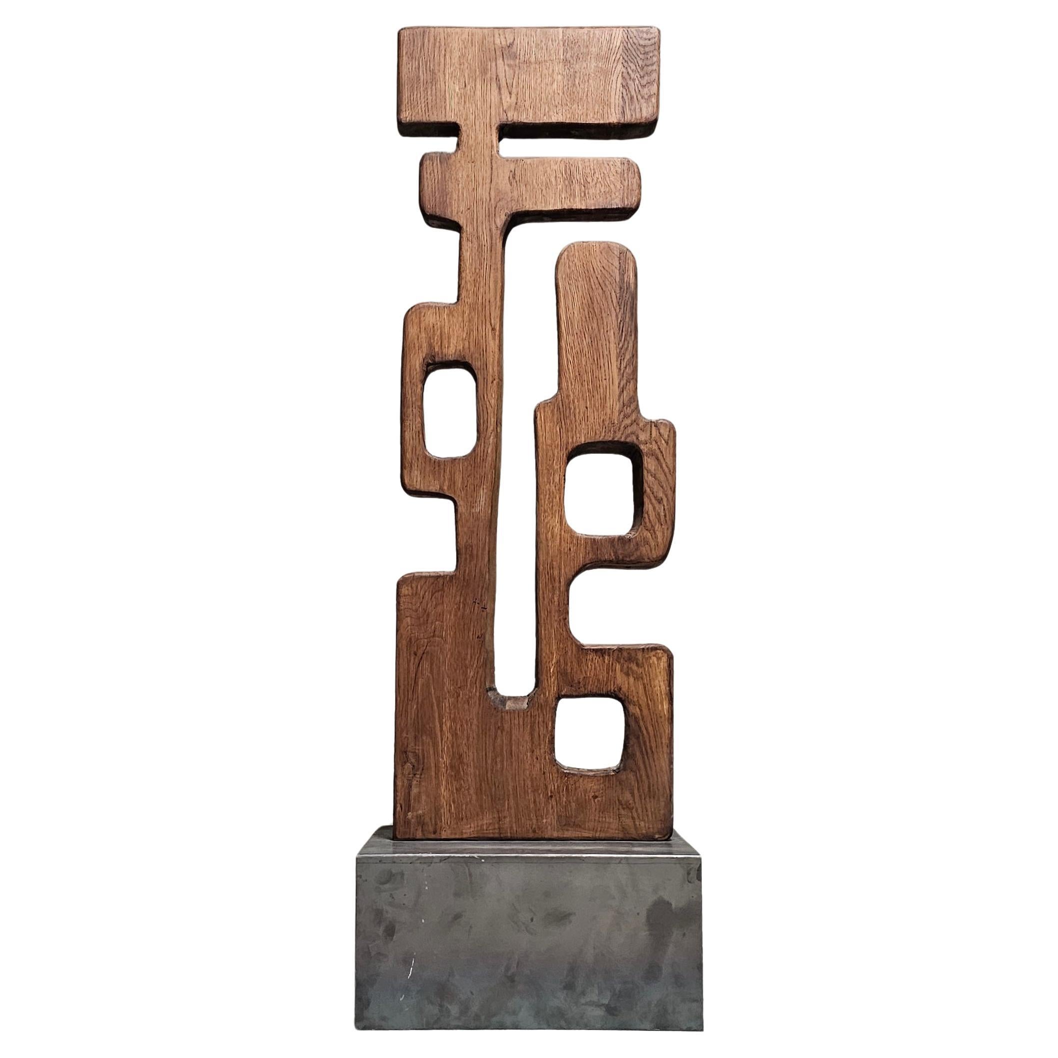 Large French oak wood carved abstract sculpture, circa 1950s