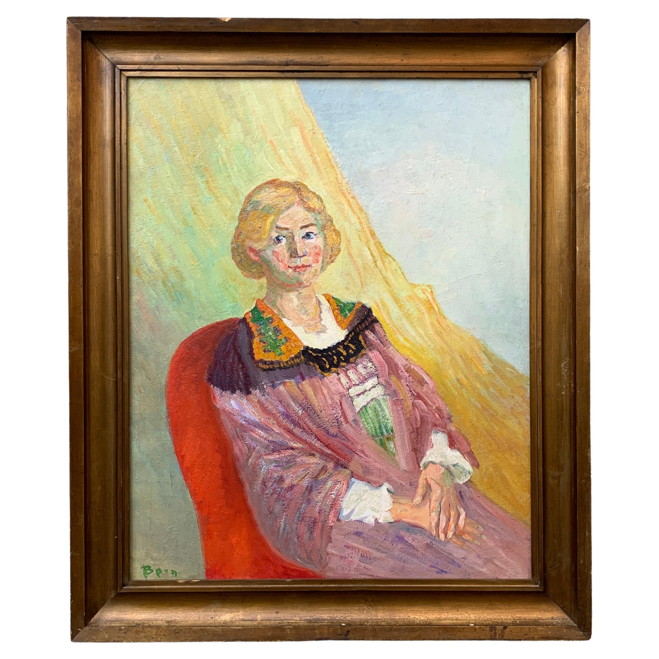 Large French Oil Painting Portrait of a Young Woman