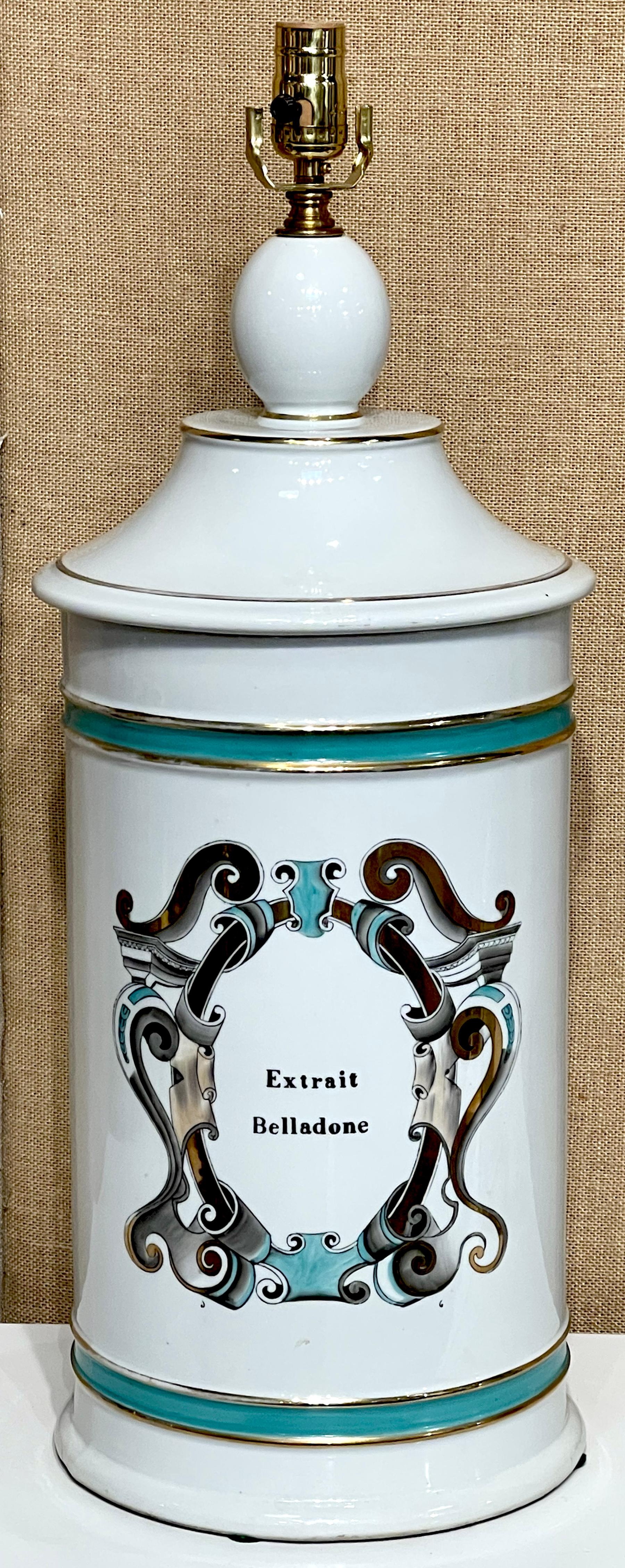 Large French Old Paris Apothecary 'Extrait Belladone' Jar, Now as a Lamp
France, early 20th century, possibly an apothecary fixture

A large French Old Paris Apothecary Jar, now repurposed as a lamp, is a unique and historically rich piece from the