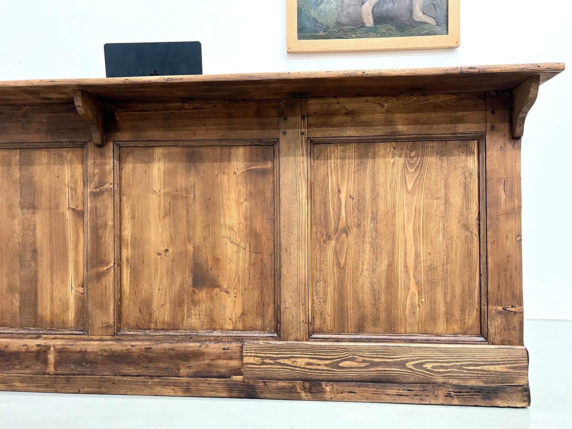 Mid-20th Century Large french old solid pine trading counter, 50's For Sale