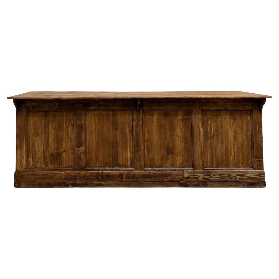Large french old solid pine trading counter, 50's