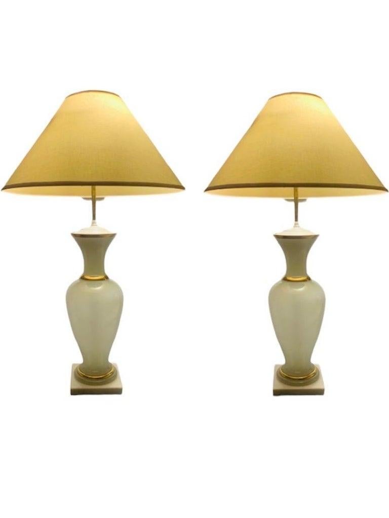 Hand-Crafted Large French Opaline Glass Table Lamps on Marble Plinth Bases, a Pair, ca. 1900
