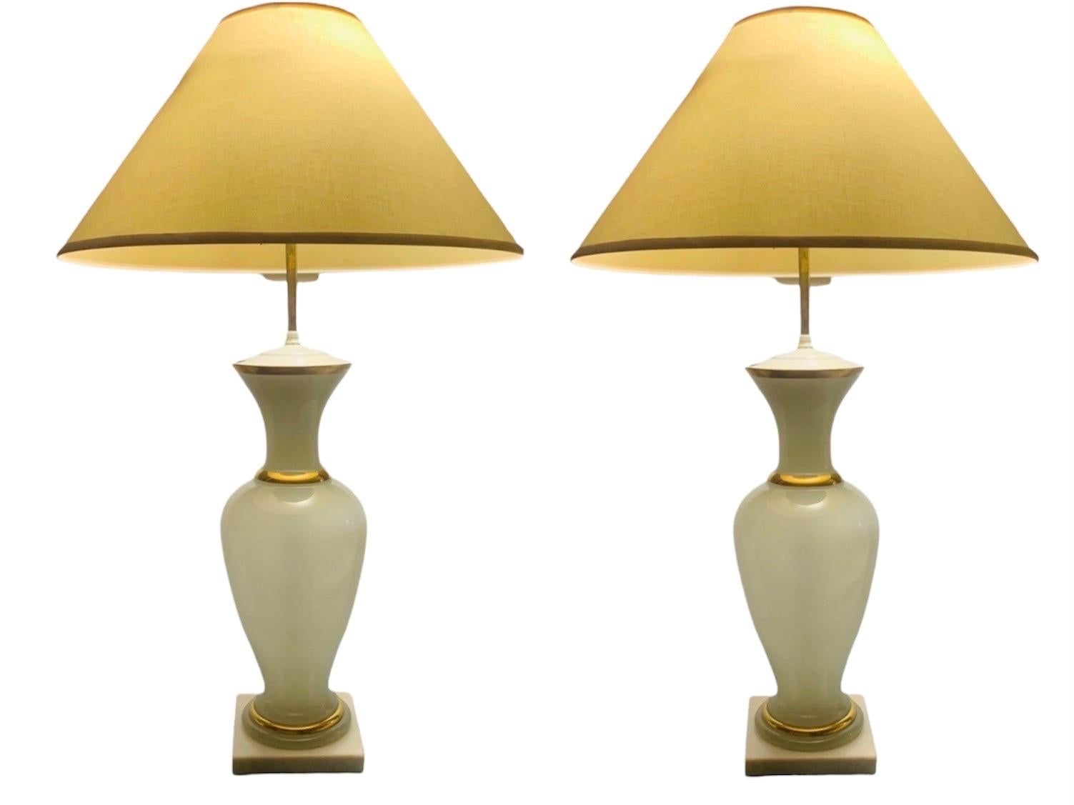 Large French Opaline Glass Table Lamps on Marble Plinth Bases, a Pair, ca. 1900 In Good Condition In West Reading, PA