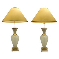 Antique Large French Opaline Glass Table Lamps on Marble Plinth Bases, a Pair, ca. 1900