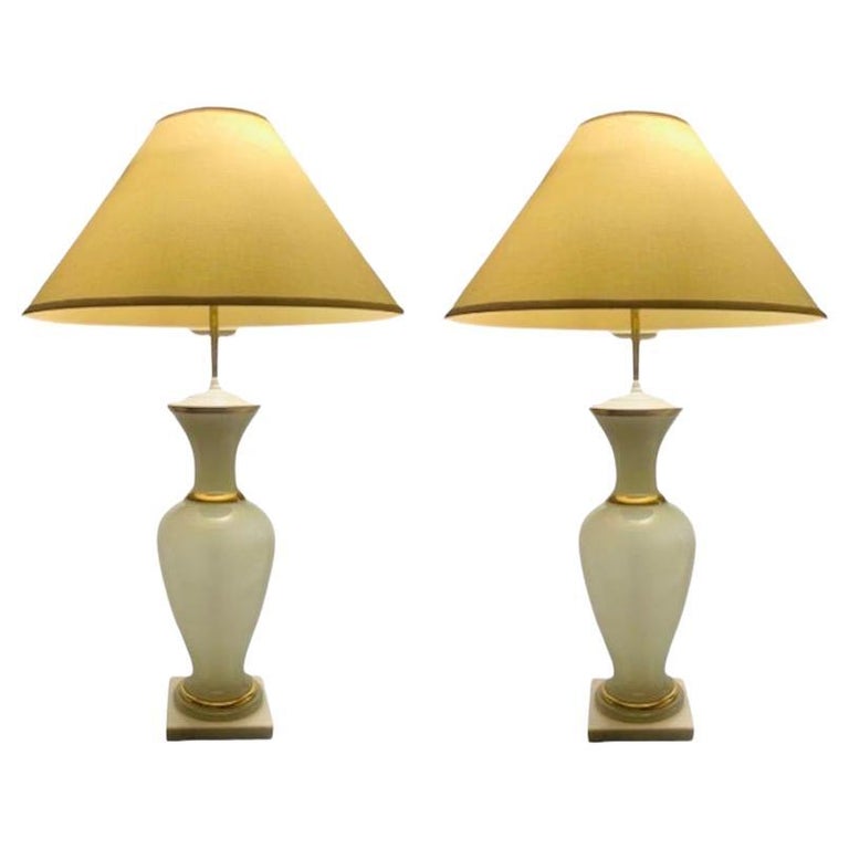 Large French Opaline Glass Table Lamps on Marble Plinth Bases, a Pair