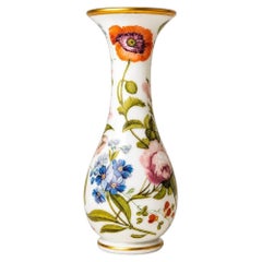 Large French Opaline Vase Hand Blown and Hand Painted with Flowers, Circa 1840