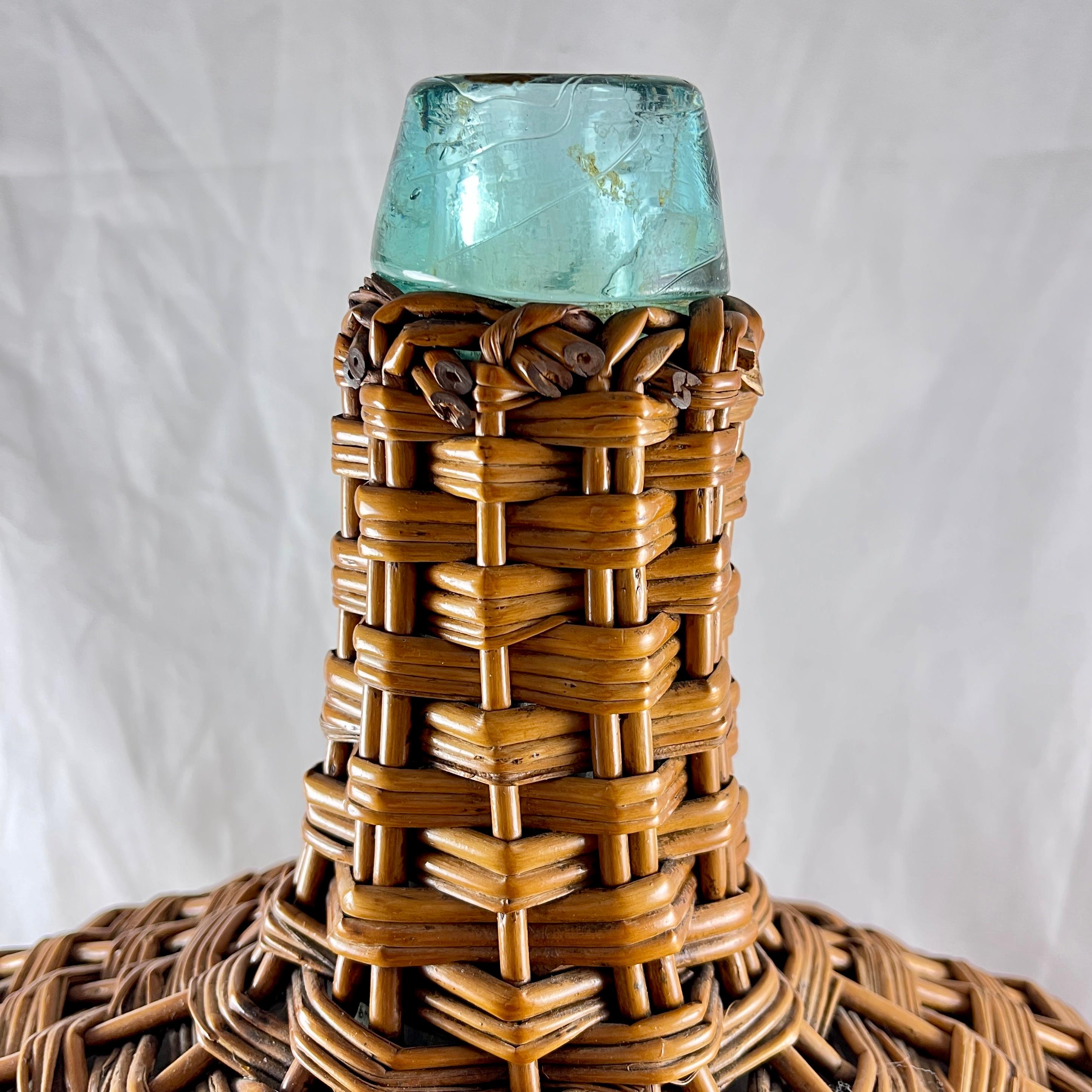 Large French Oval Wicker Clad Blown Aqua Glass Carboy or Demijohn, circa 1900 For Sale 4