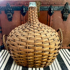 Large French Oval Wicker Clad Blown Aqua Glass Carboy or Demijohn, circa 1900