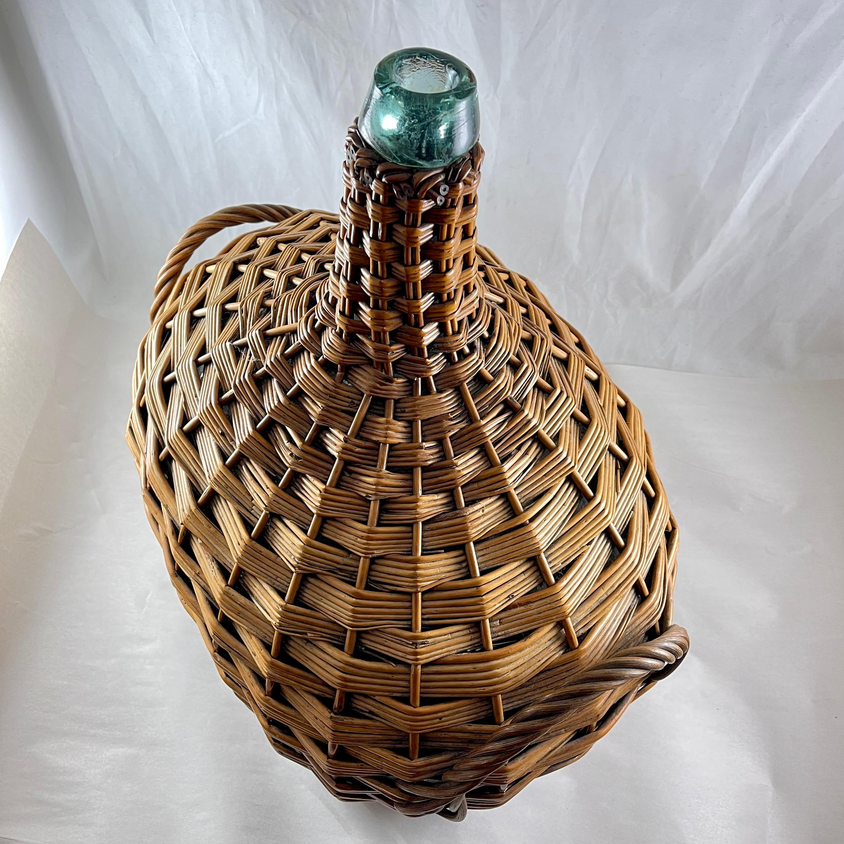Large French Oval Wicker Clad Blown Aqua Glass Carboy or Demijohn, circa 1900 For Sale 1
